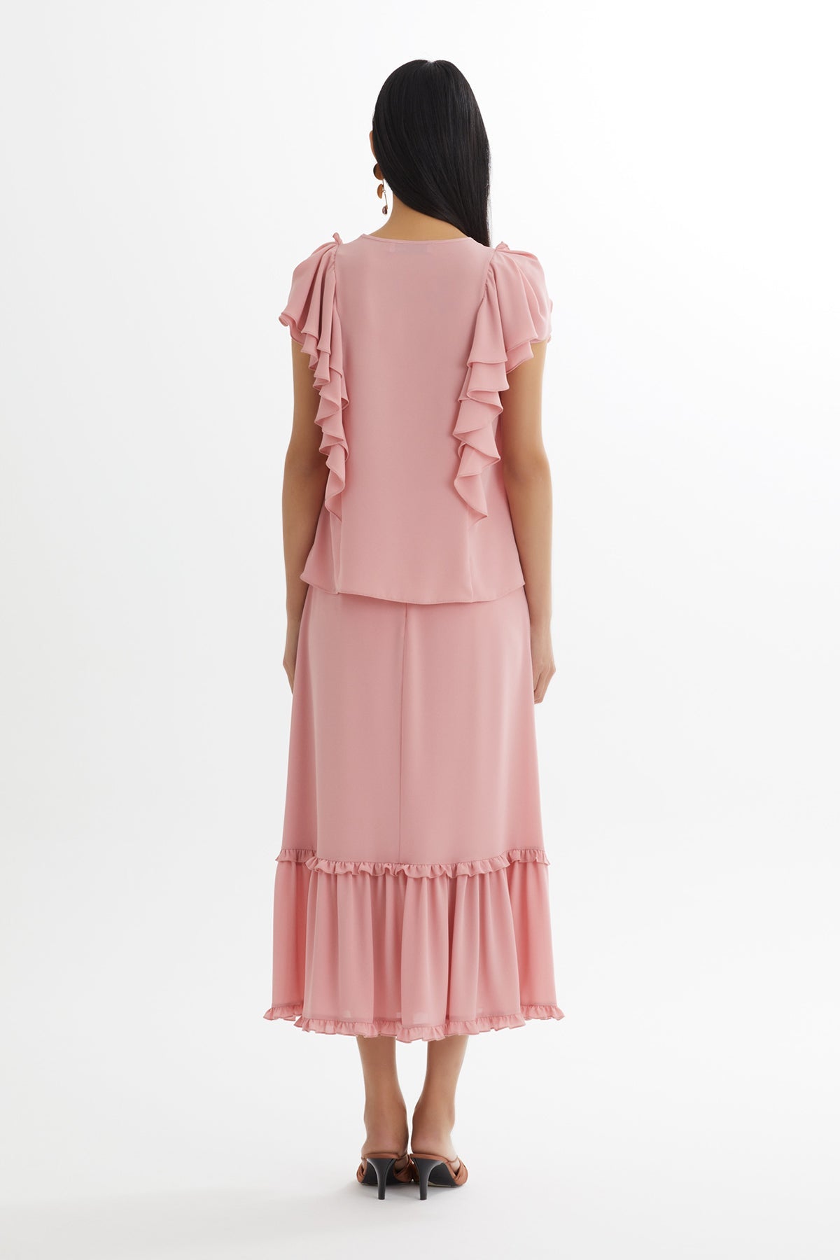 Pink Ruffled Blouse Gathered Skirt Set