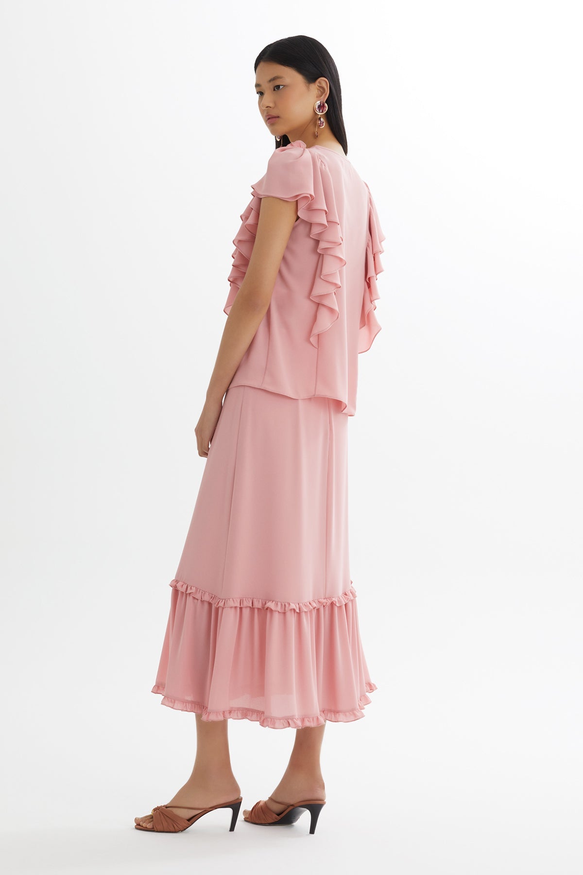 Pink Ruffled Blouse Gathered Skirt Set