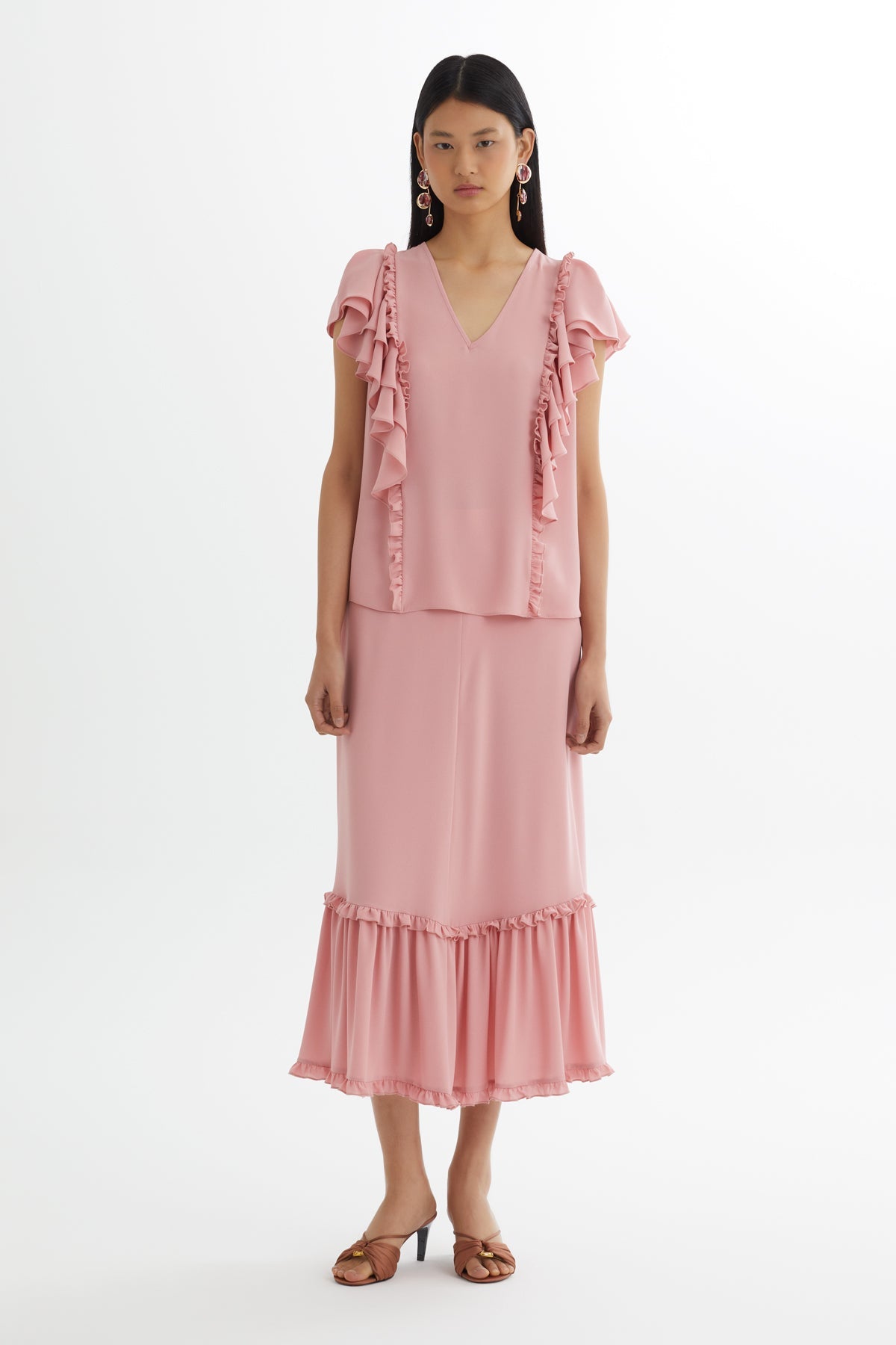 Pink Ruffled Blouse Gathered Skirt Set