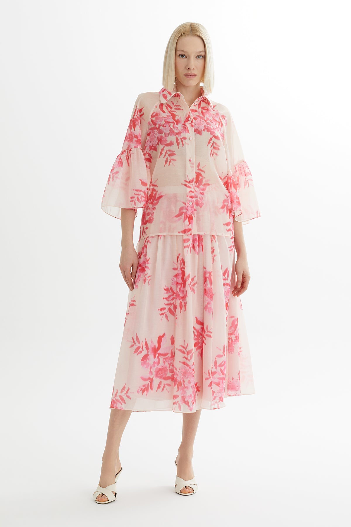 Pink Patterned Shirt and Skirt Set