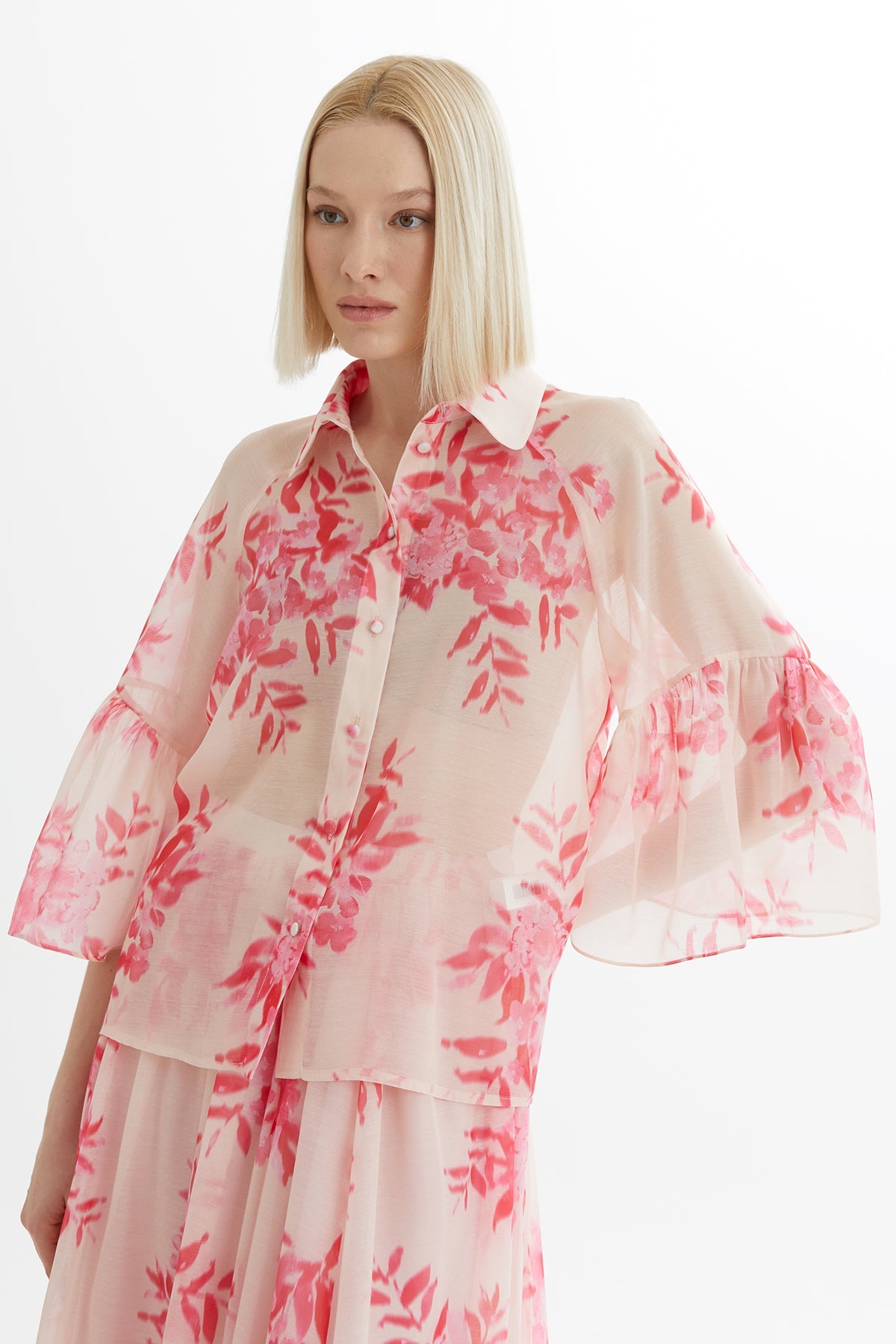 Pink Patterned Shirt and Skirt Set