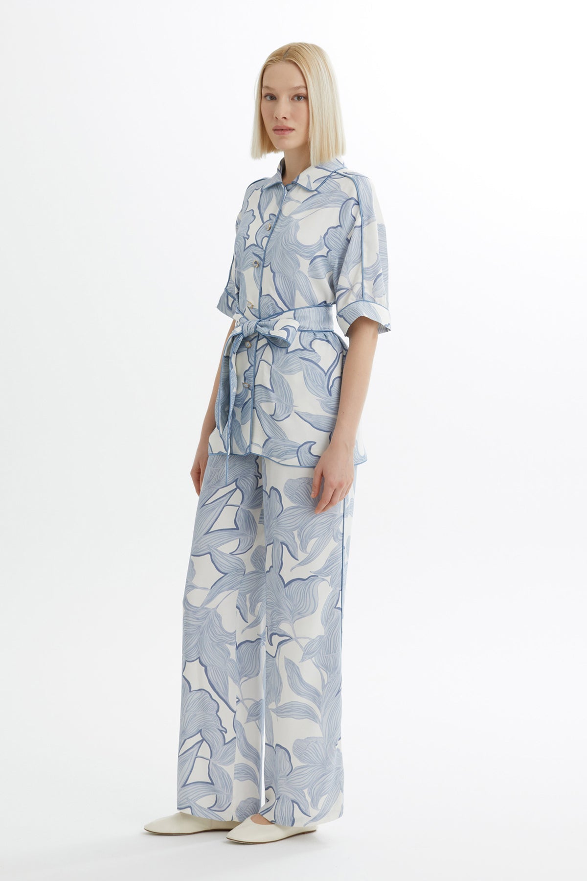 Blue Tie-Waist Shirt Trouser Set
