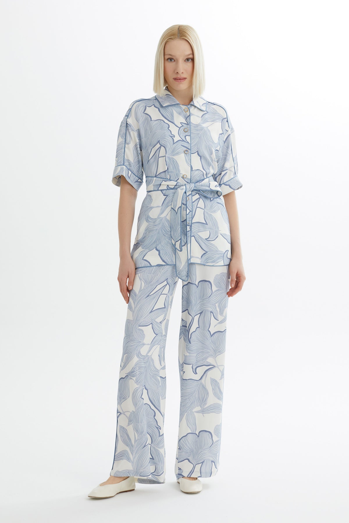 Blue Tie-Waist Shirt Trouser Set