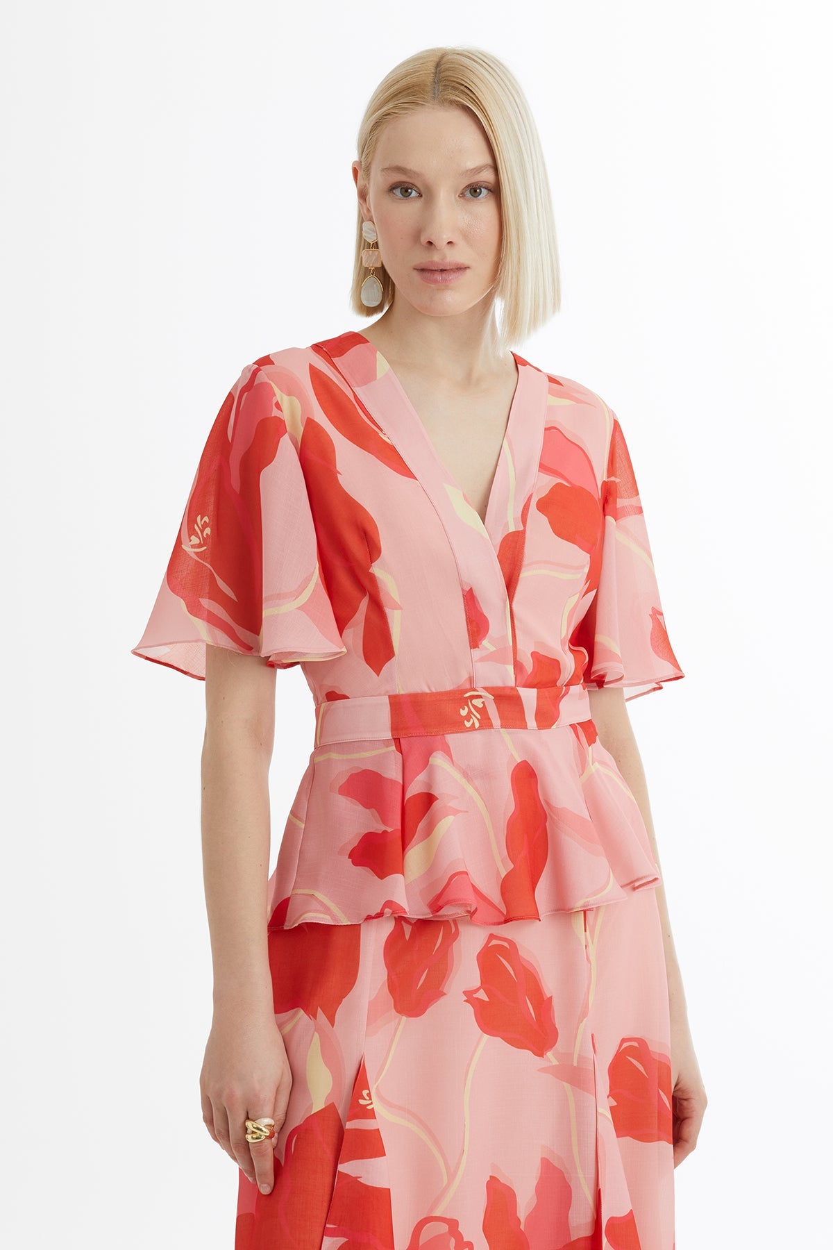 Pink Patterned Blouse Ruffle Skirt Set