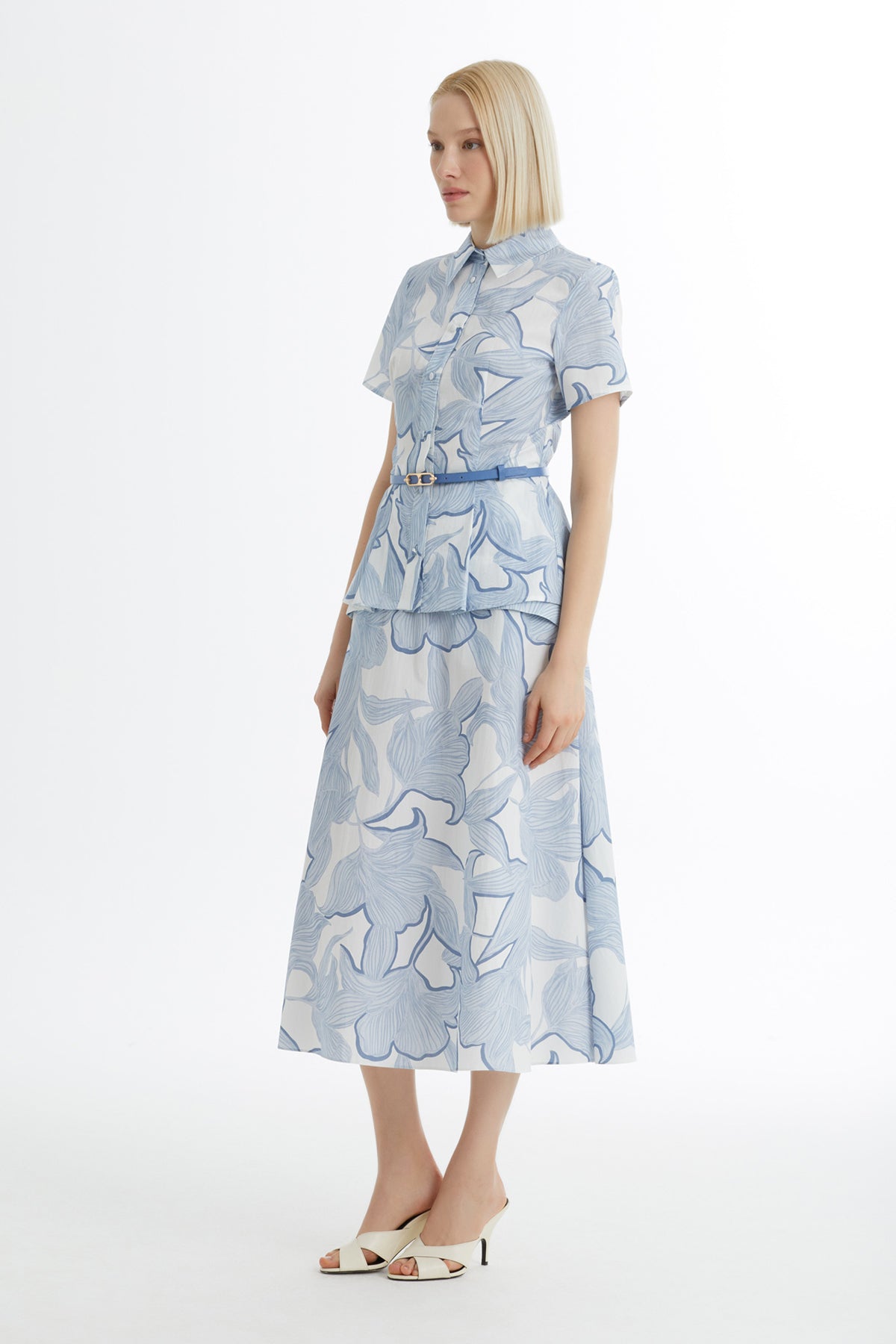 Blue Patterned Shirt and Skirt Set