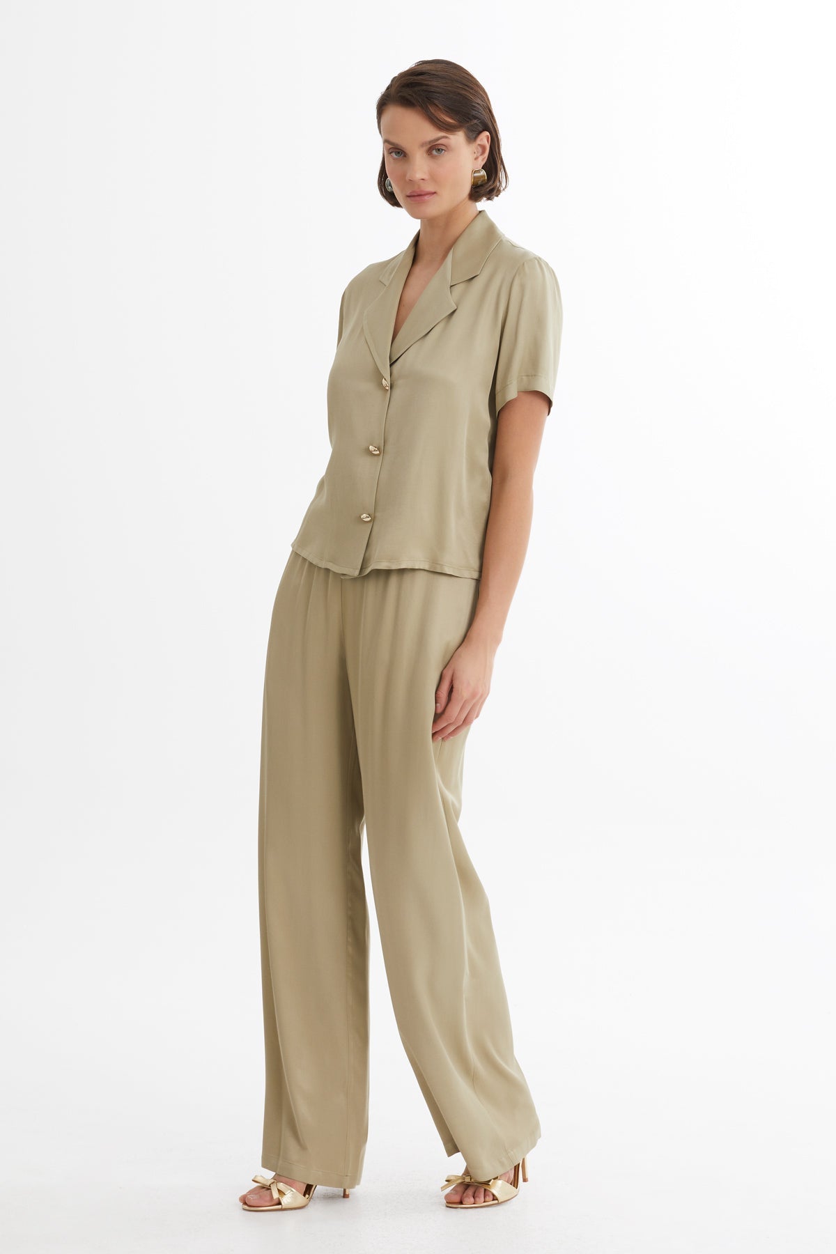 Beige Satin Shirt and Trouser Set