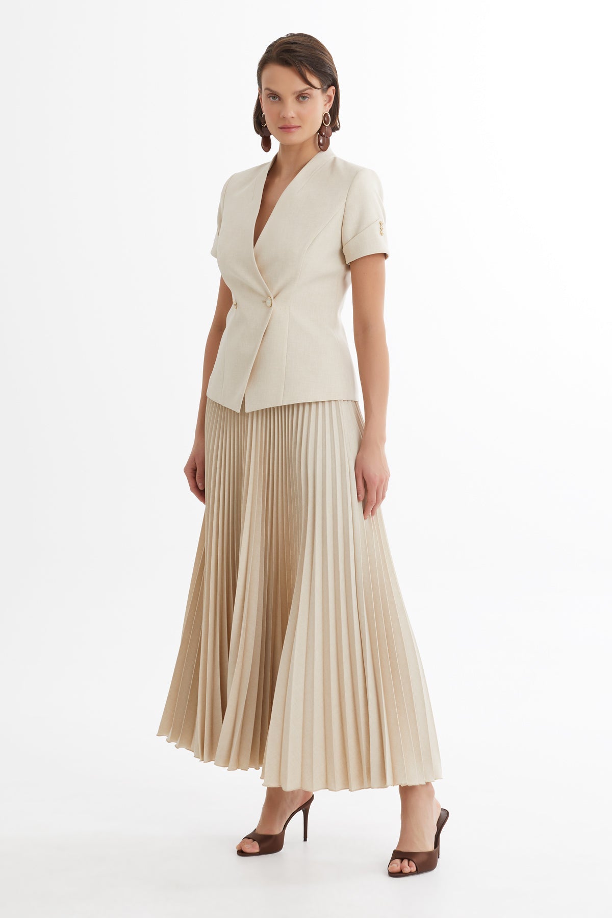 Beige Short-Sleeve Blazer Pleated Skirt Set