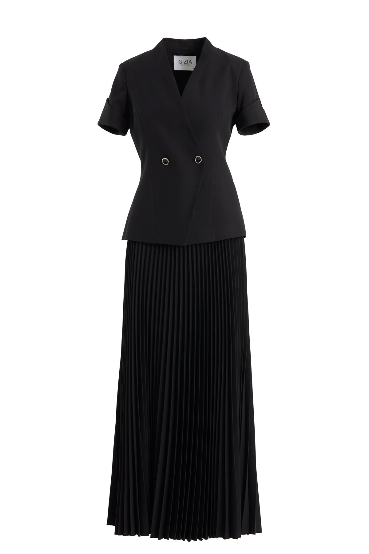 Black Short-Sleeve Blazer Pleated Skirt Set