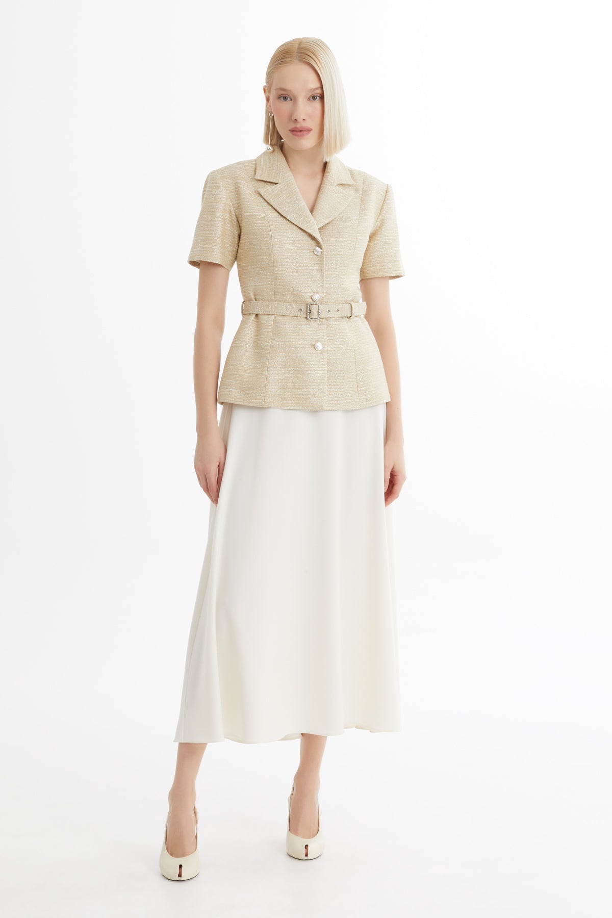 Beige Short-Sleeve Blazer Ruffle Skirt Set