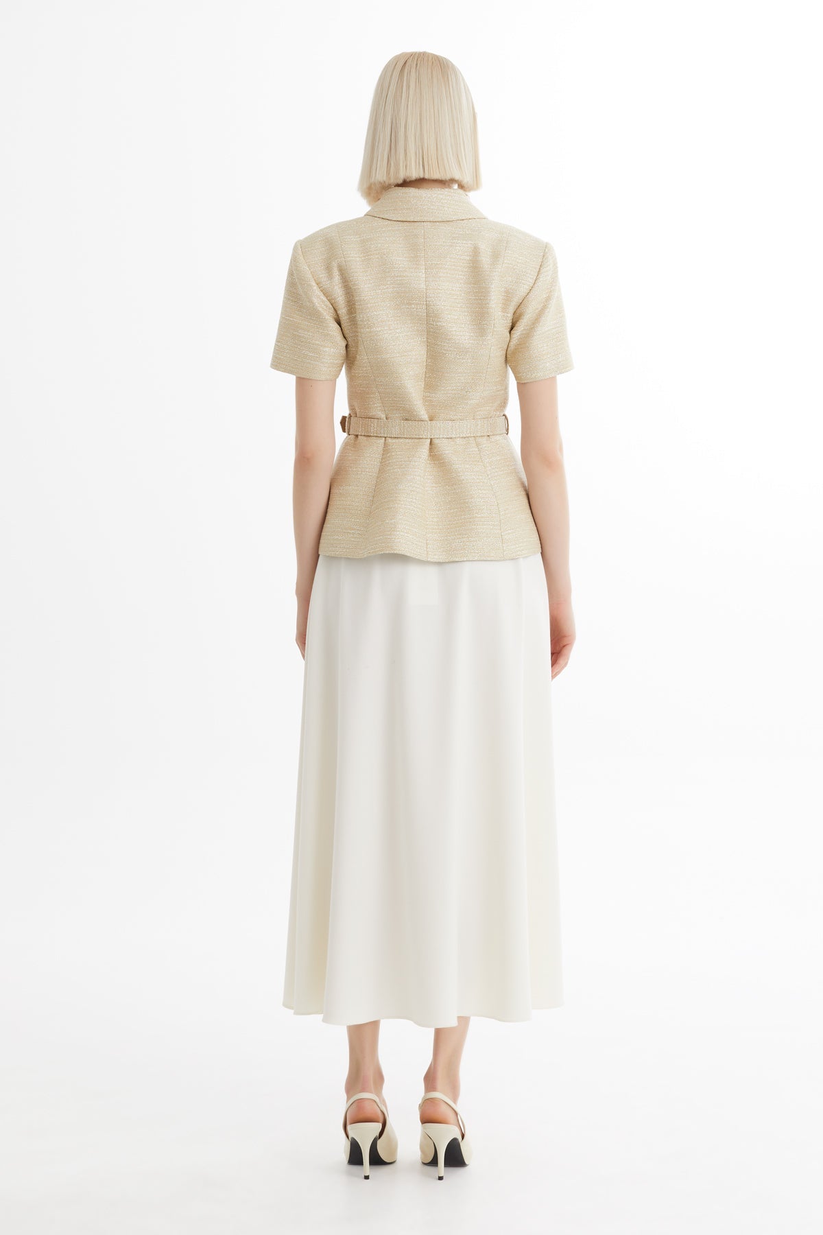 Beige Short-Sleeve Blazer Ruffle Skirt Set