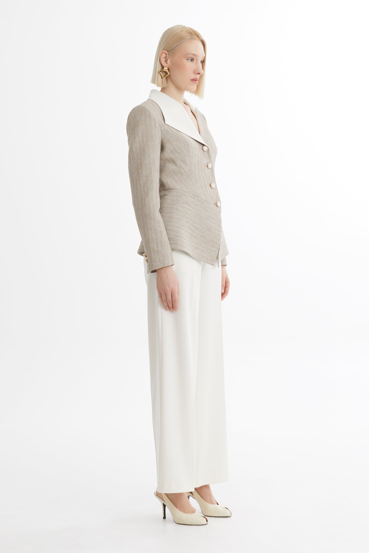 Beige Asymmetric Cut Blazer Suit
