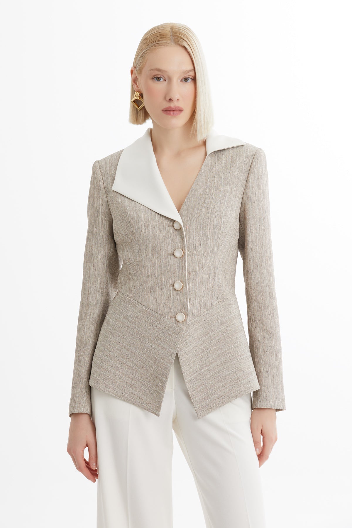 Beige Asymmetric Cut Blazer Suit