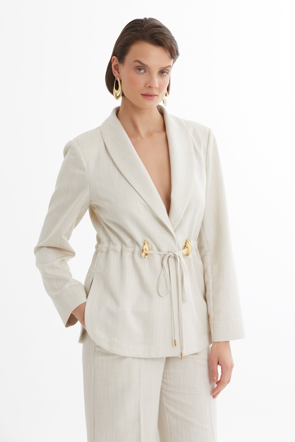 Ecru Shawl Collar Drawstring Waist Blazer and Pants Set