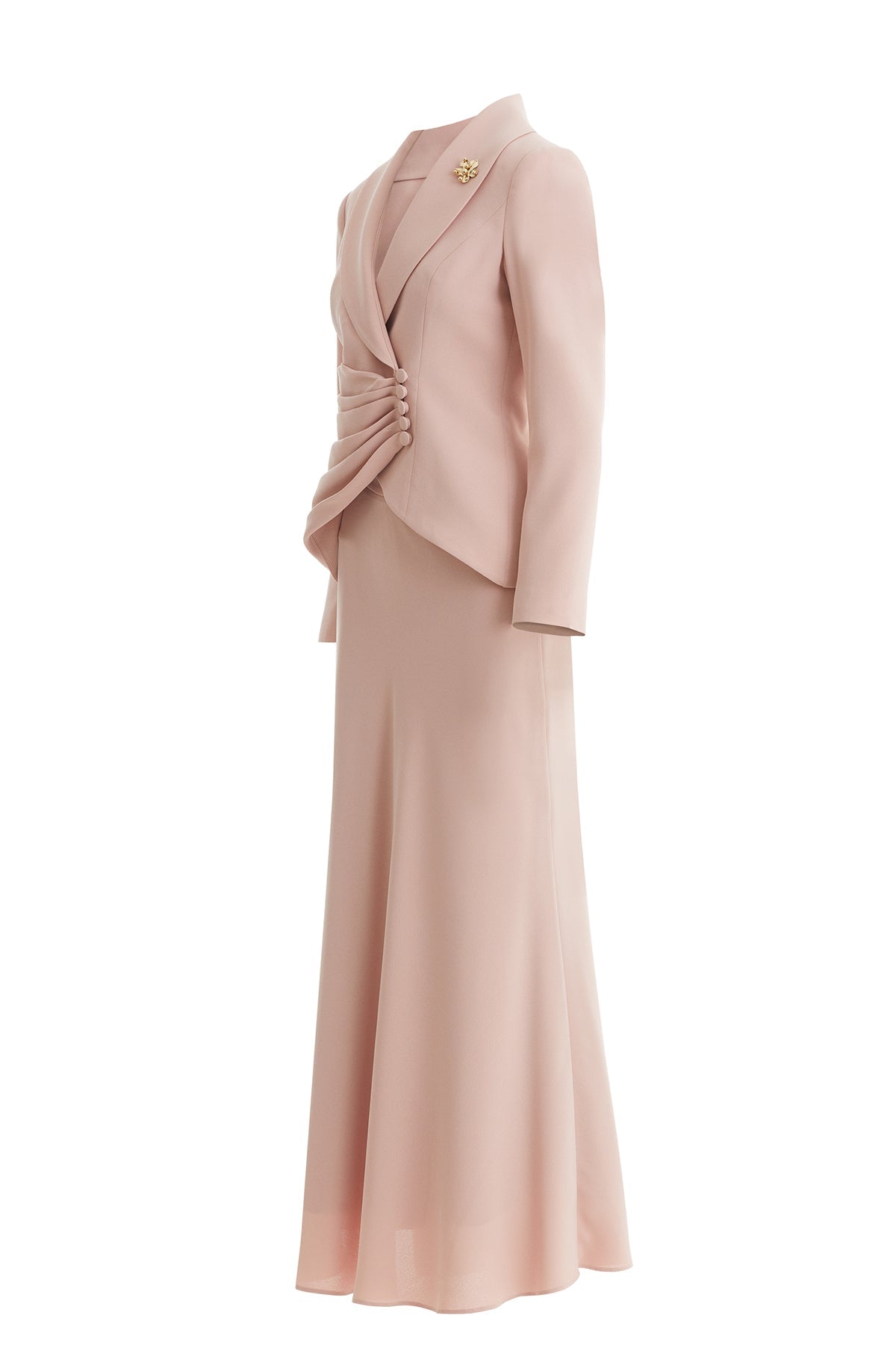 Pink Shawl-Collar Brooch Skirt Suit