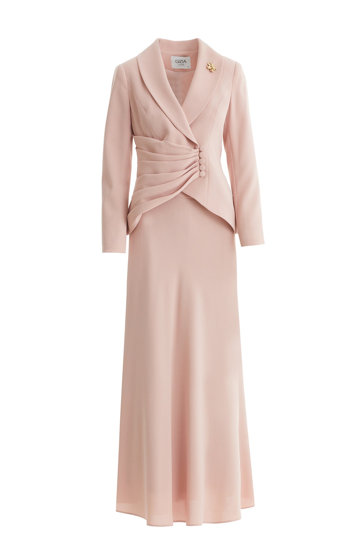 Pink Shawl-Collar Brooch Skirt Suit