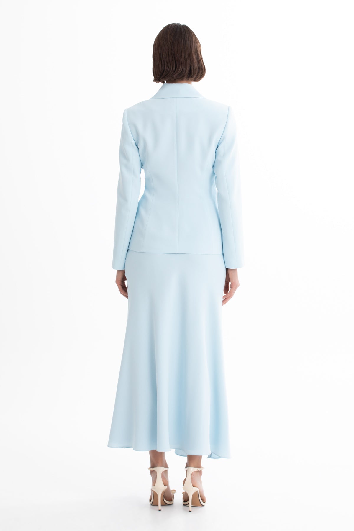 Blue Shawl-Collar Brooch Skirt Suit