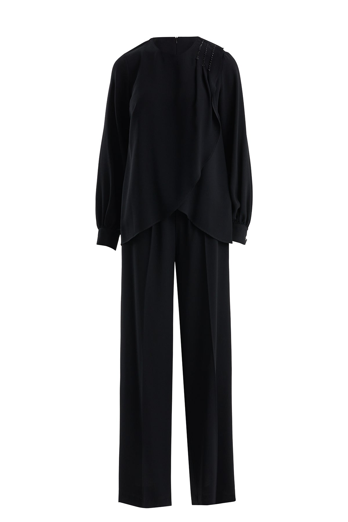 Black Asymmetric Blouse and Pants Set