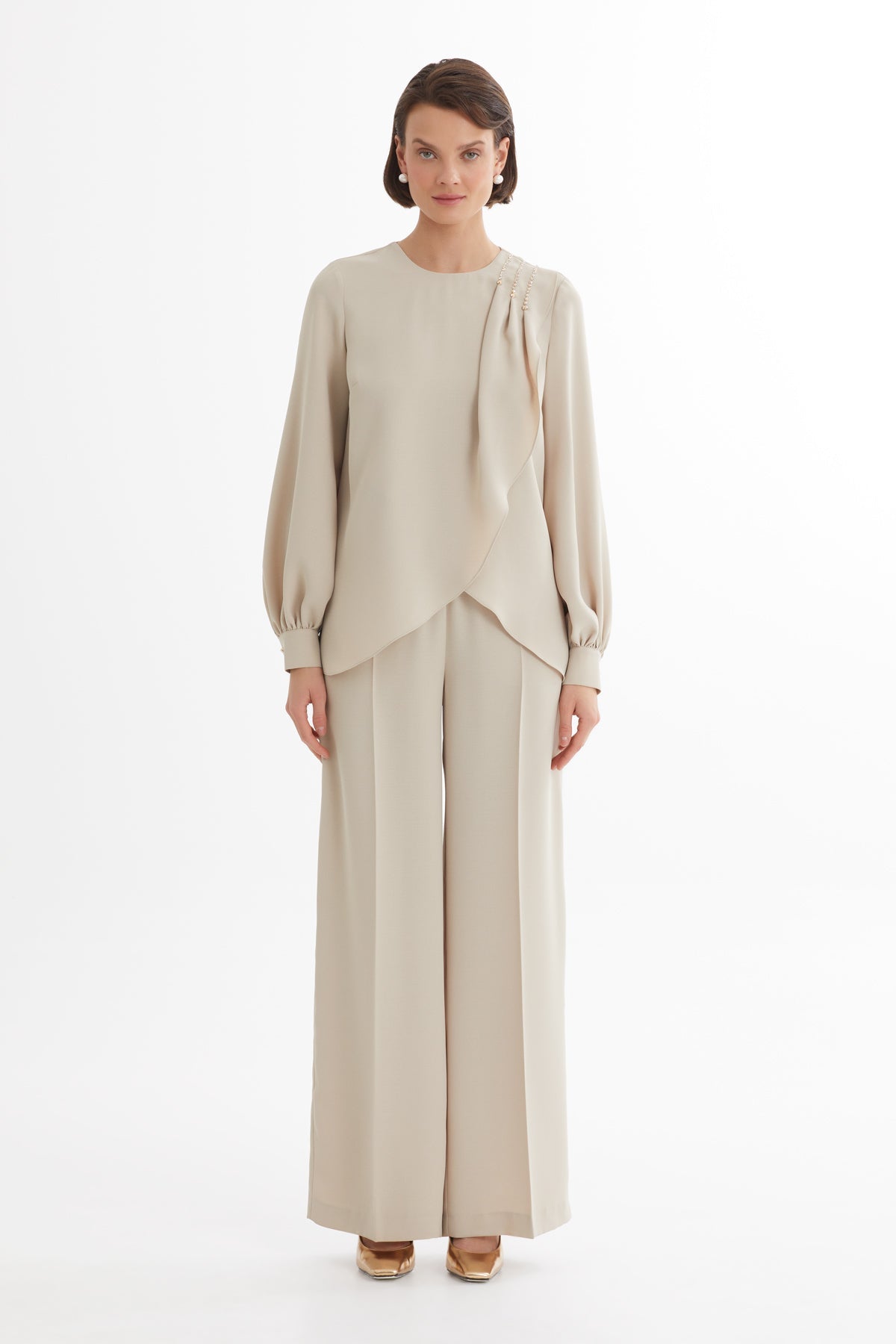Beige Asymmetric Blouse and Pants Set