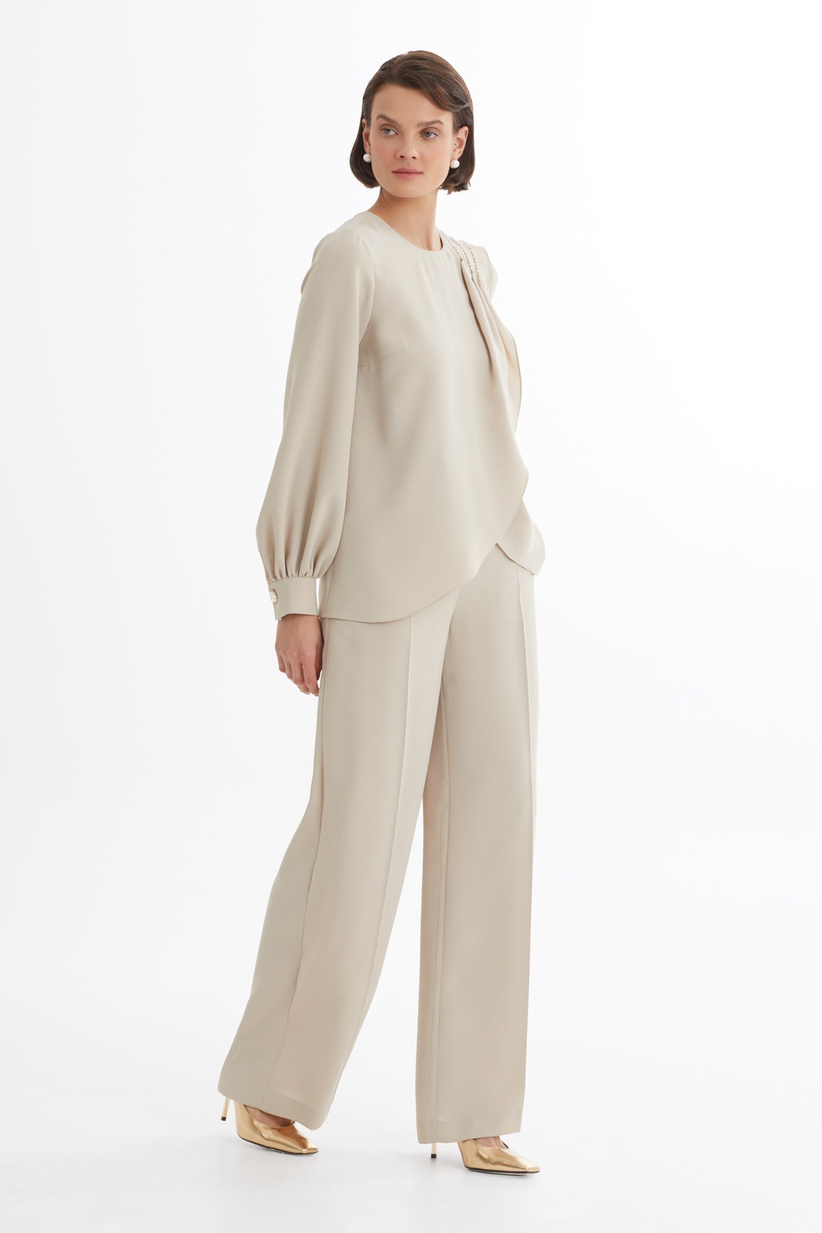 Beige Asymmetric Blouse and Pants Set