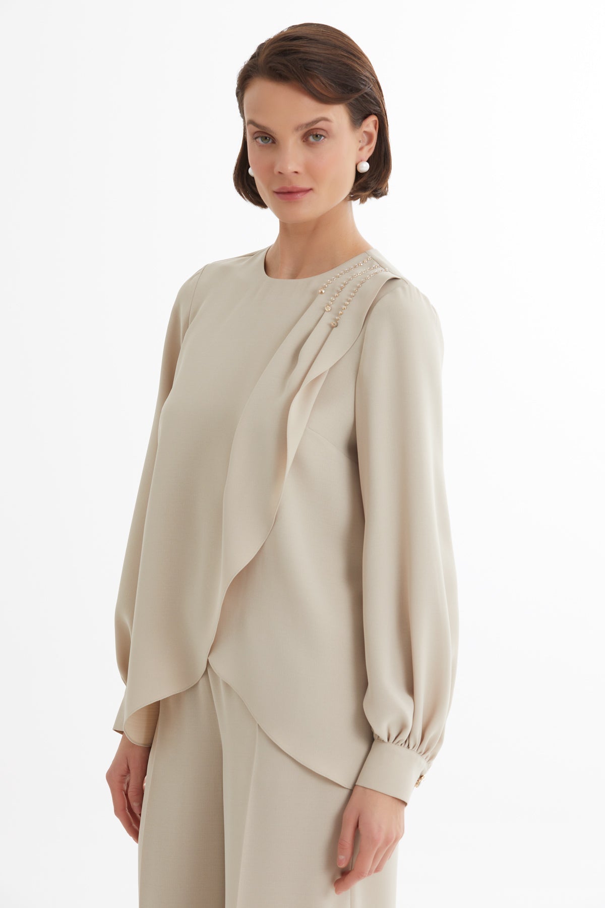 Beige Asymmetric Blouse and Pants Set