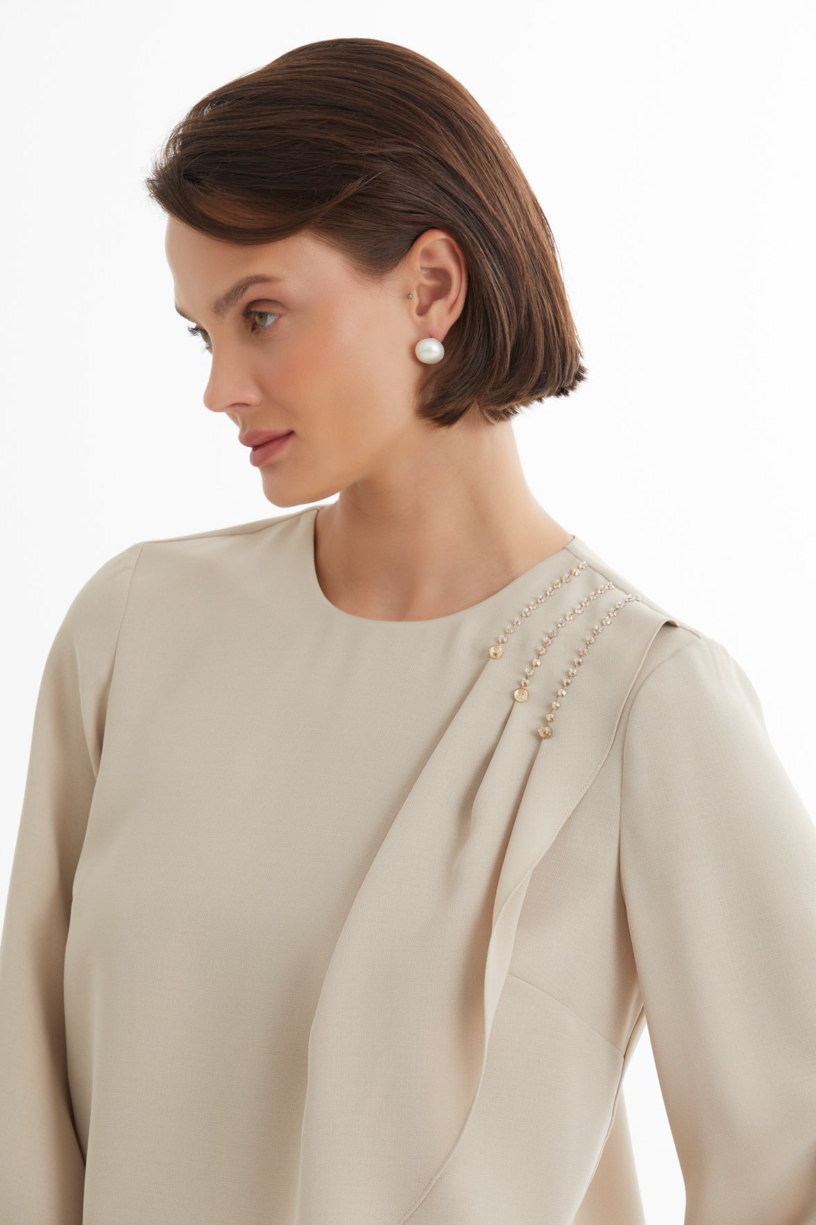 Beige Asymmetric Blouse and Pants Set