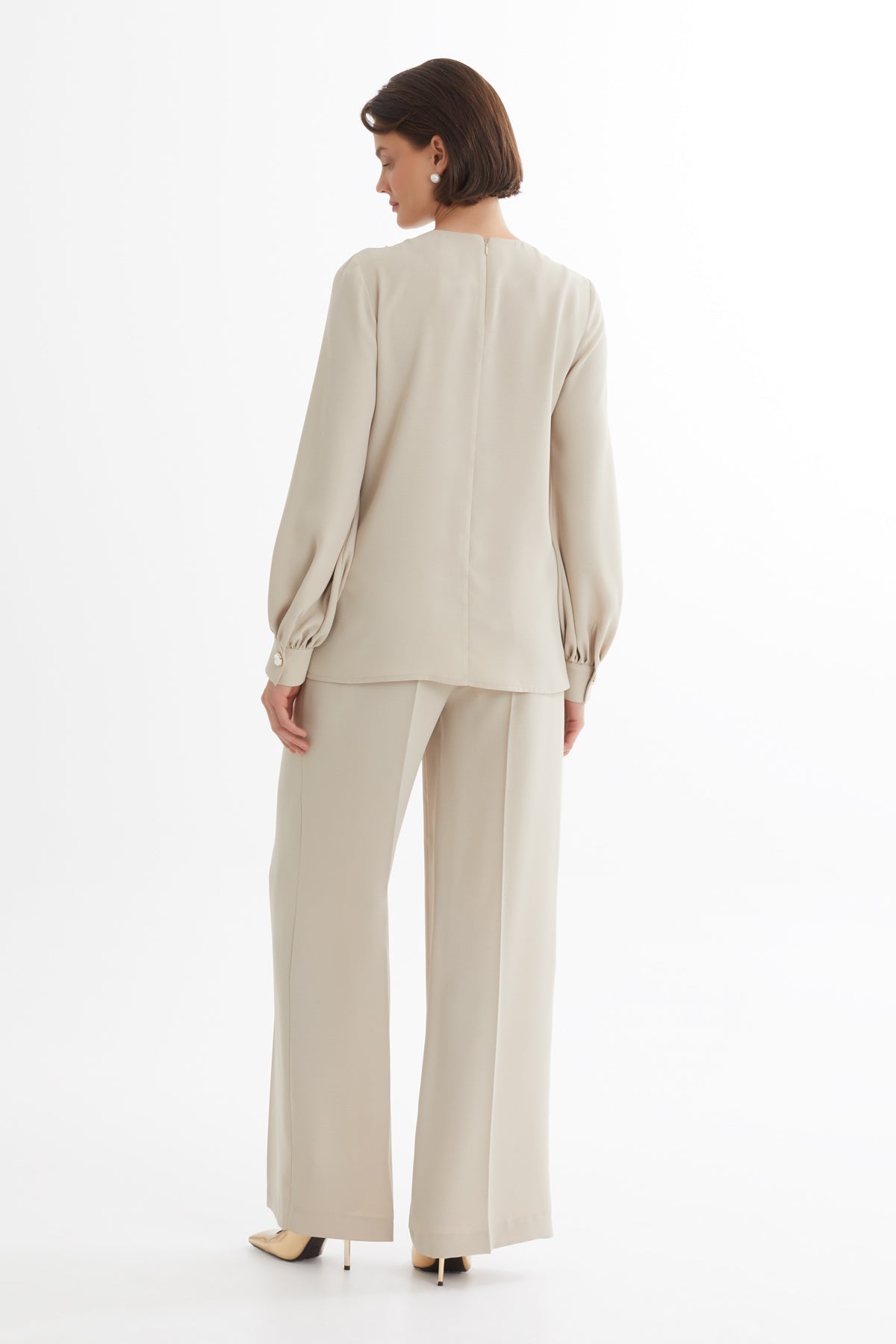 Beige Asymmetric Blouse and Pants Set
