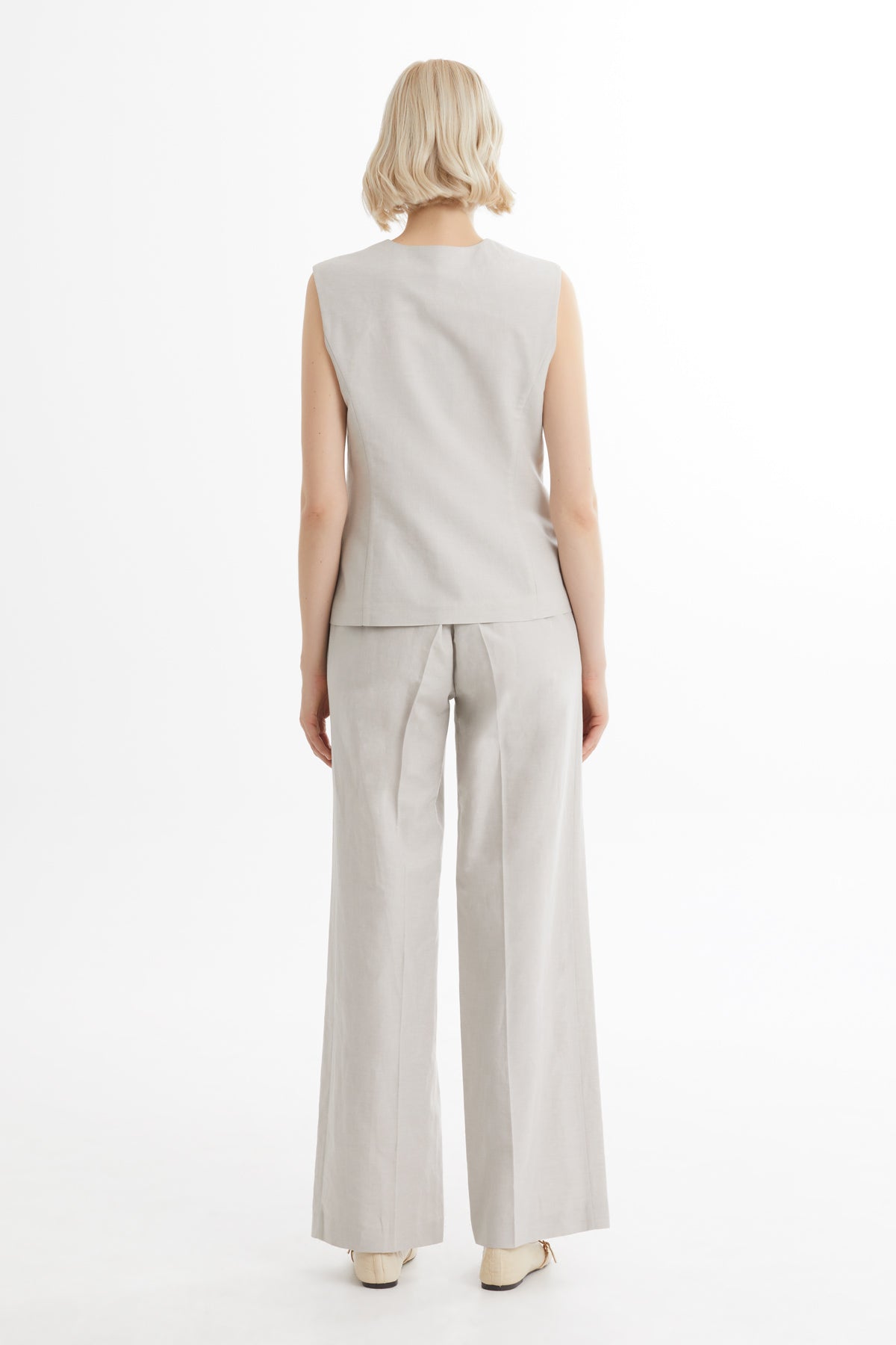 Beige Linen-Blend Vest and Pants Set