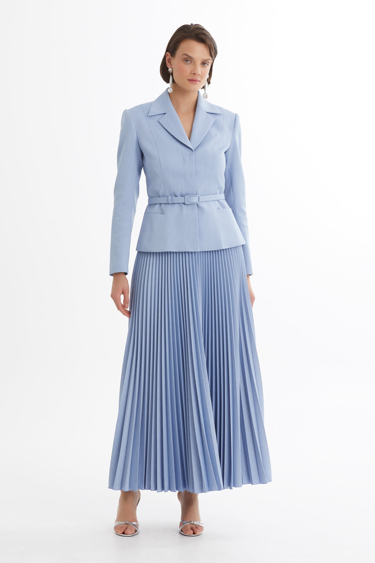 Blue Belted Blazer Pleated Skirt Set