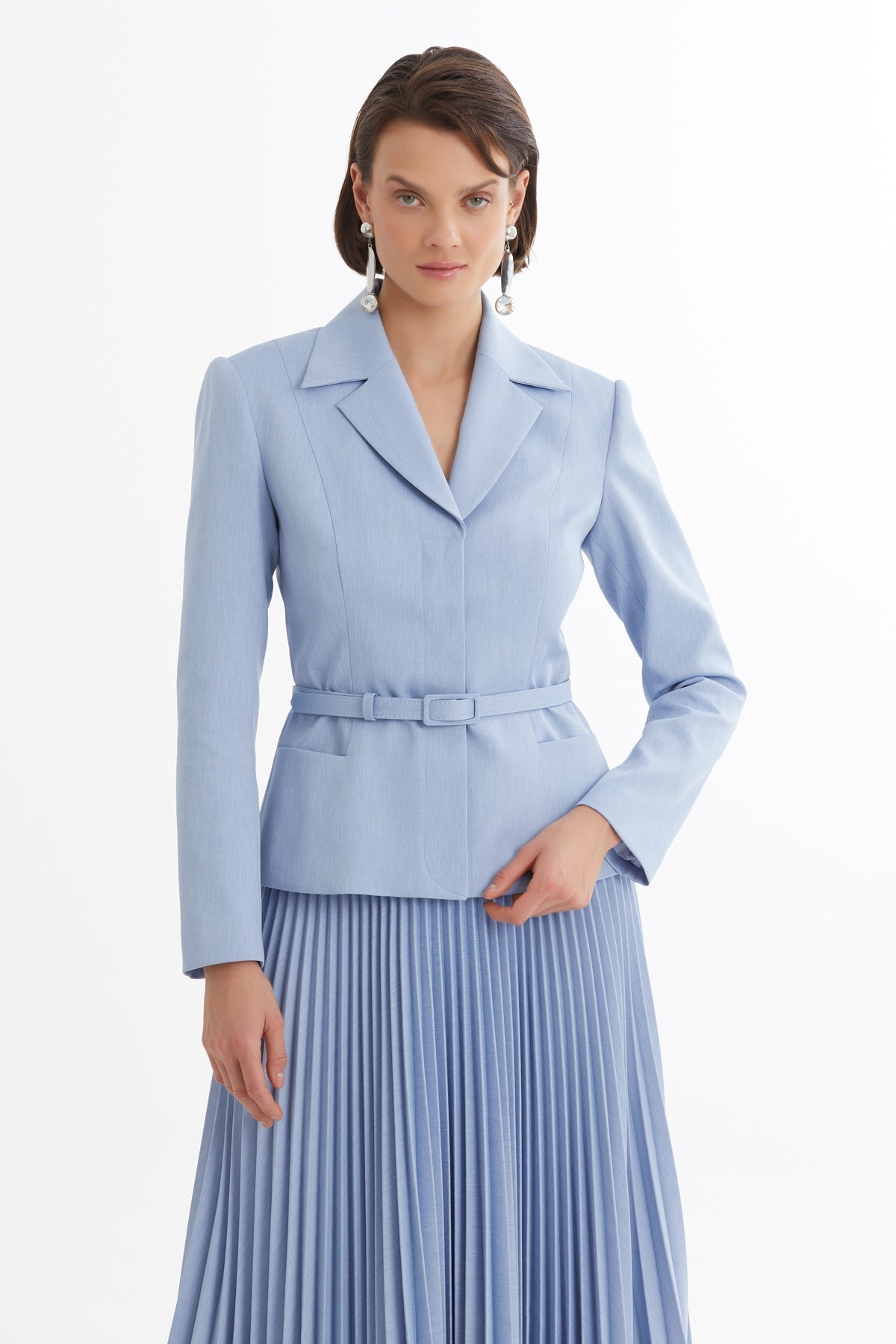 Blue Belted Blazer Pleated Skirt Set