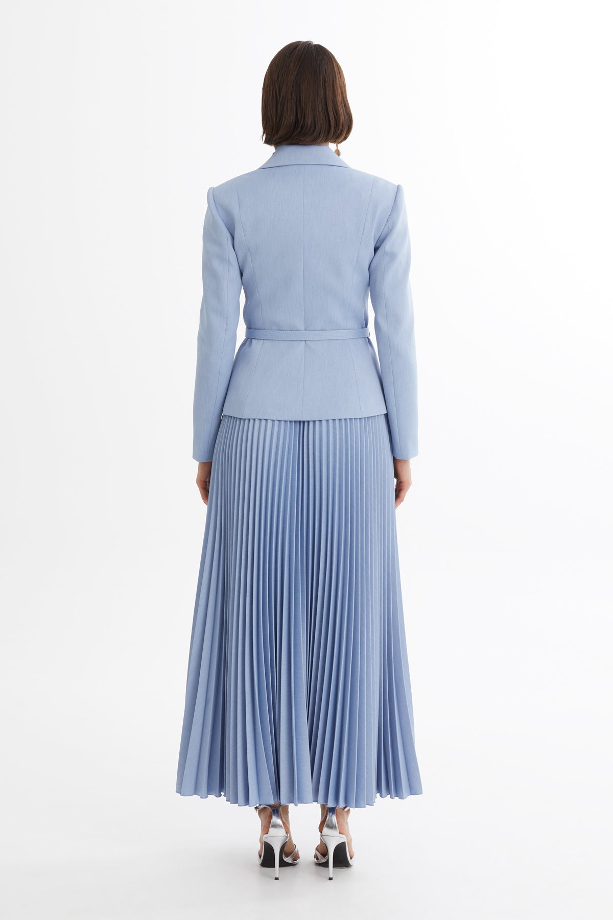 Blue Belted Blazer Pleated Skirt Set