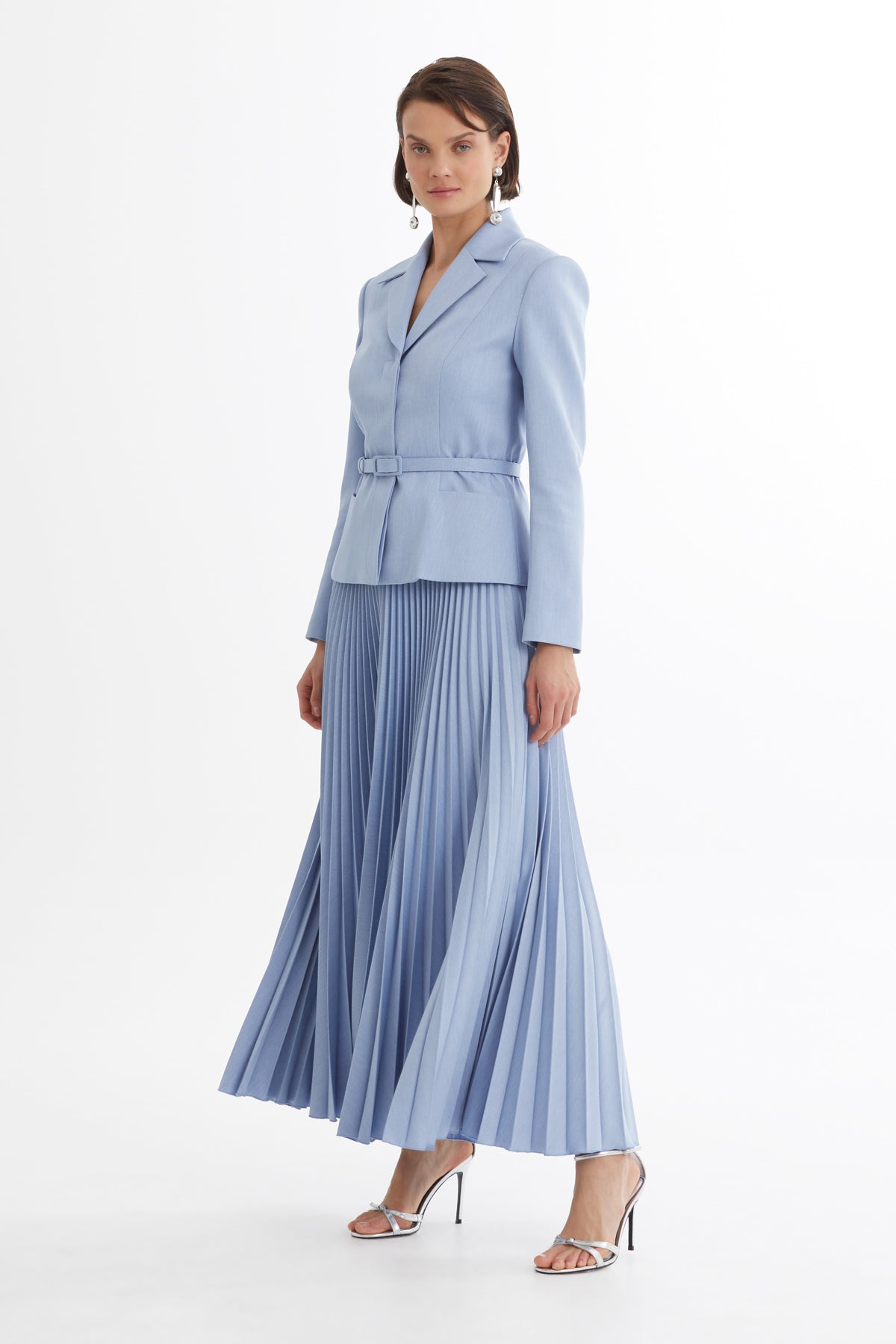 Blue Belted Blazer Pleated Skirt Set