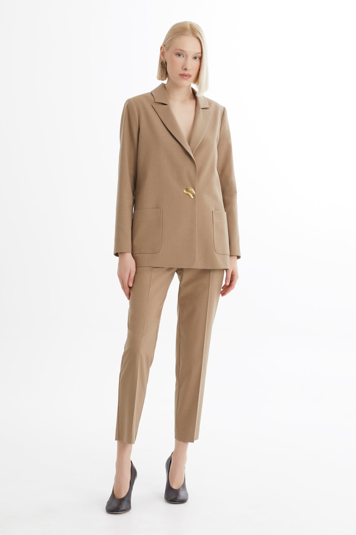 Beige Single-Button Blazer Trouser Set