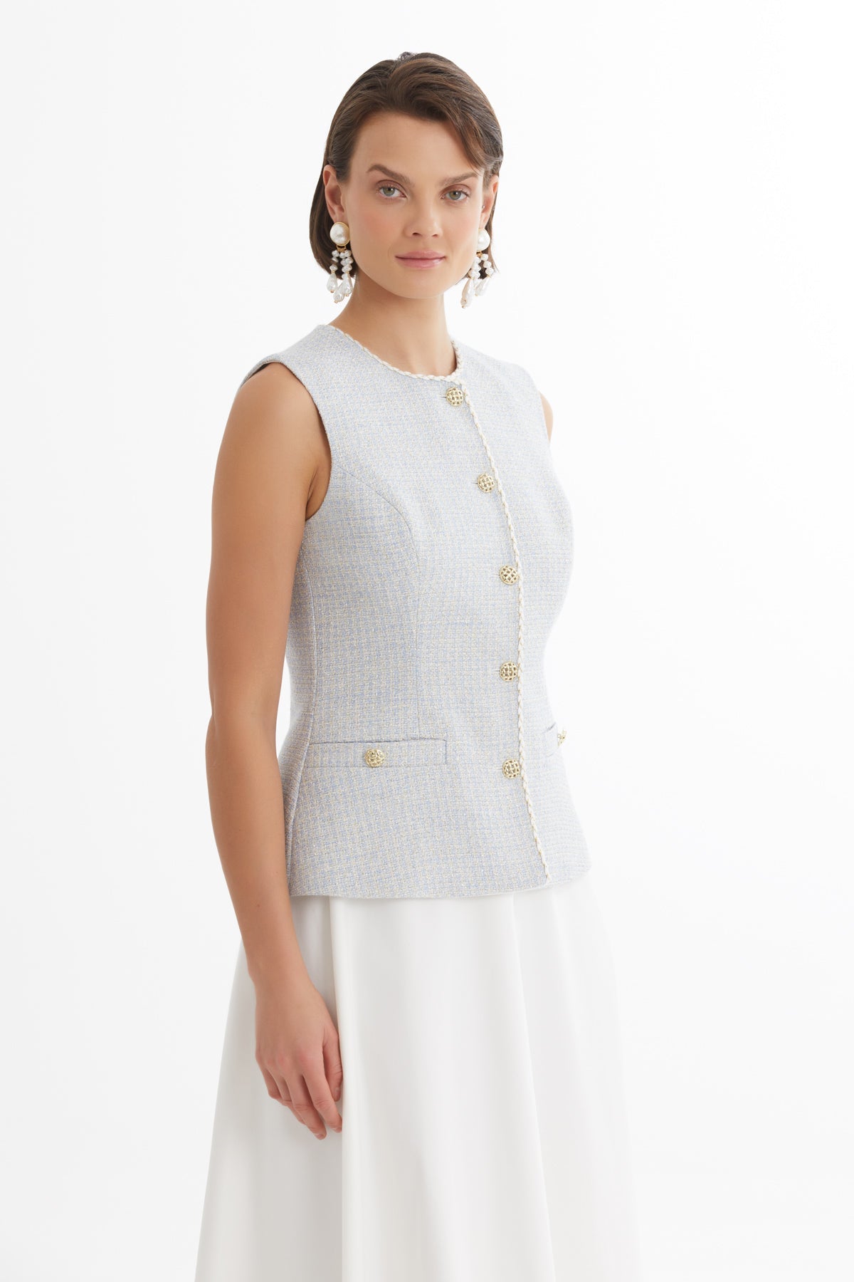 Blue Piped-Detail Vest Skirt Set