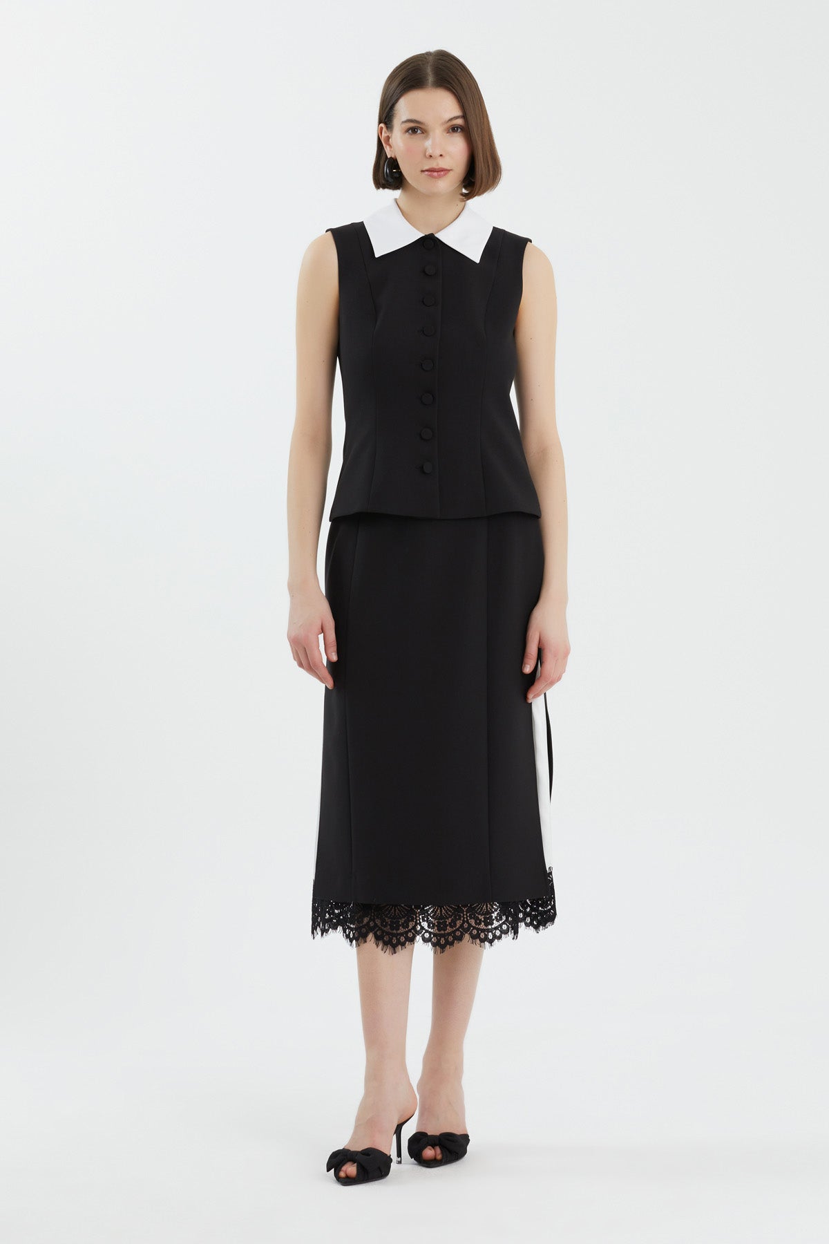 Black Lace-Detail Skirt Vest Set