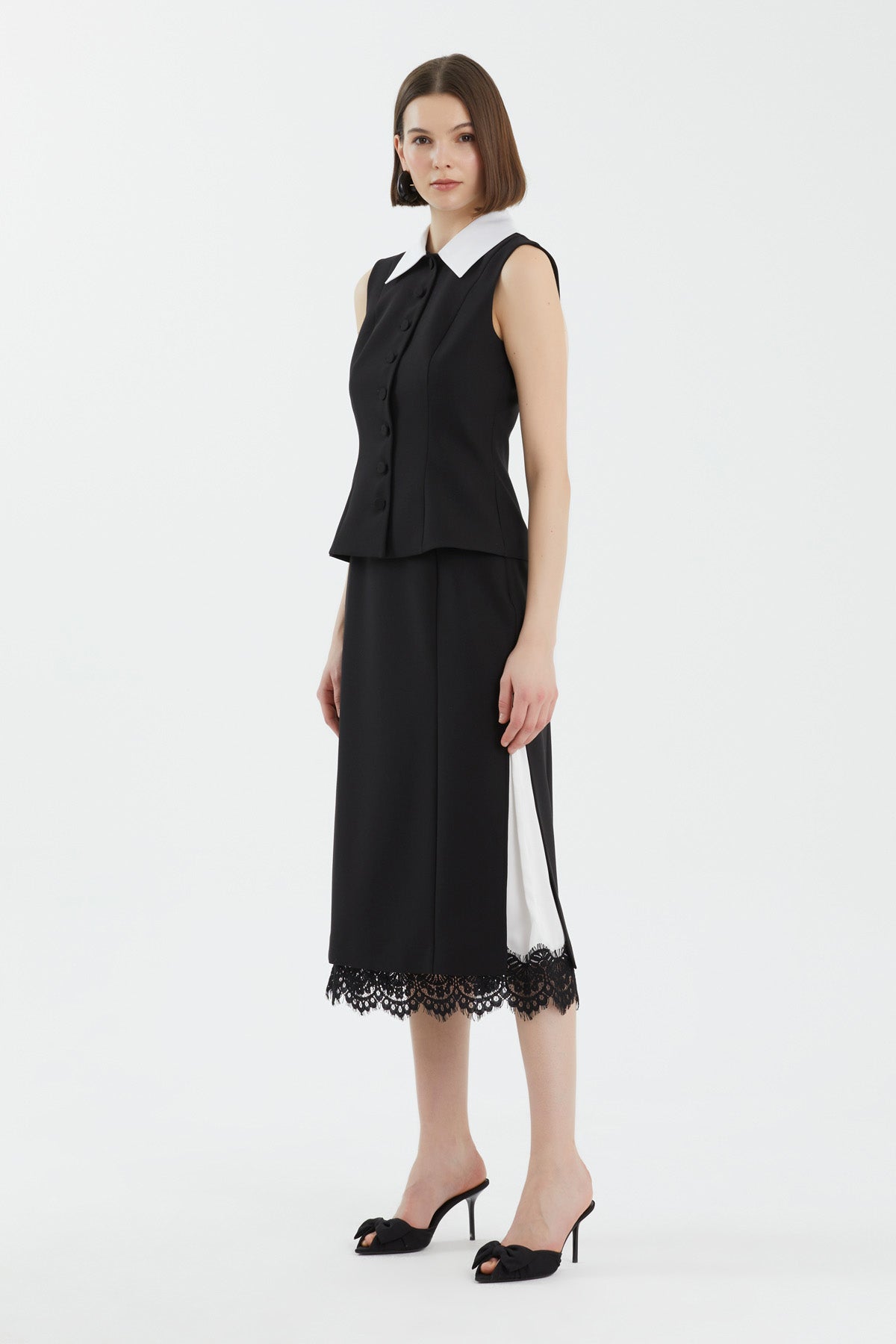 Black Lace-Detail Skirt Vest Set