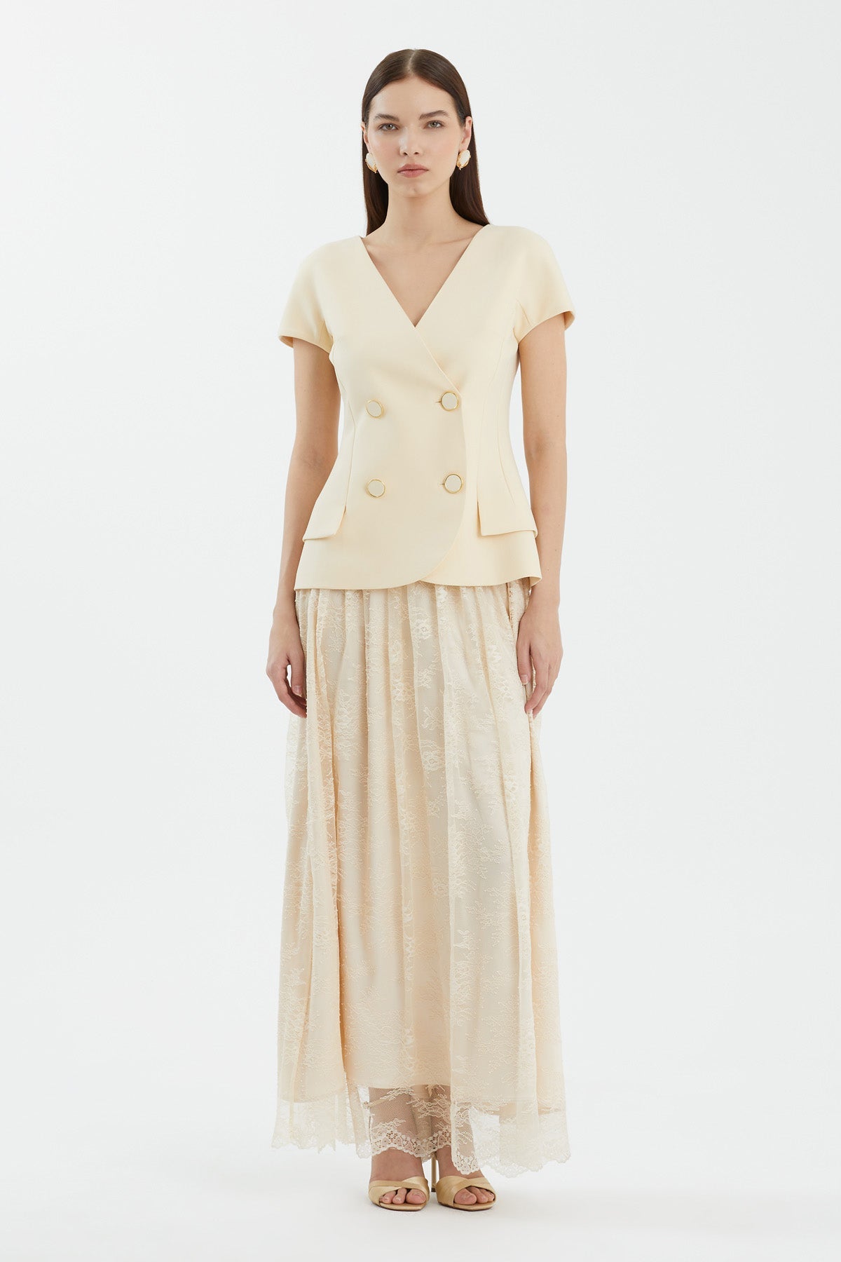 Beige Lace Skirt Vest Set