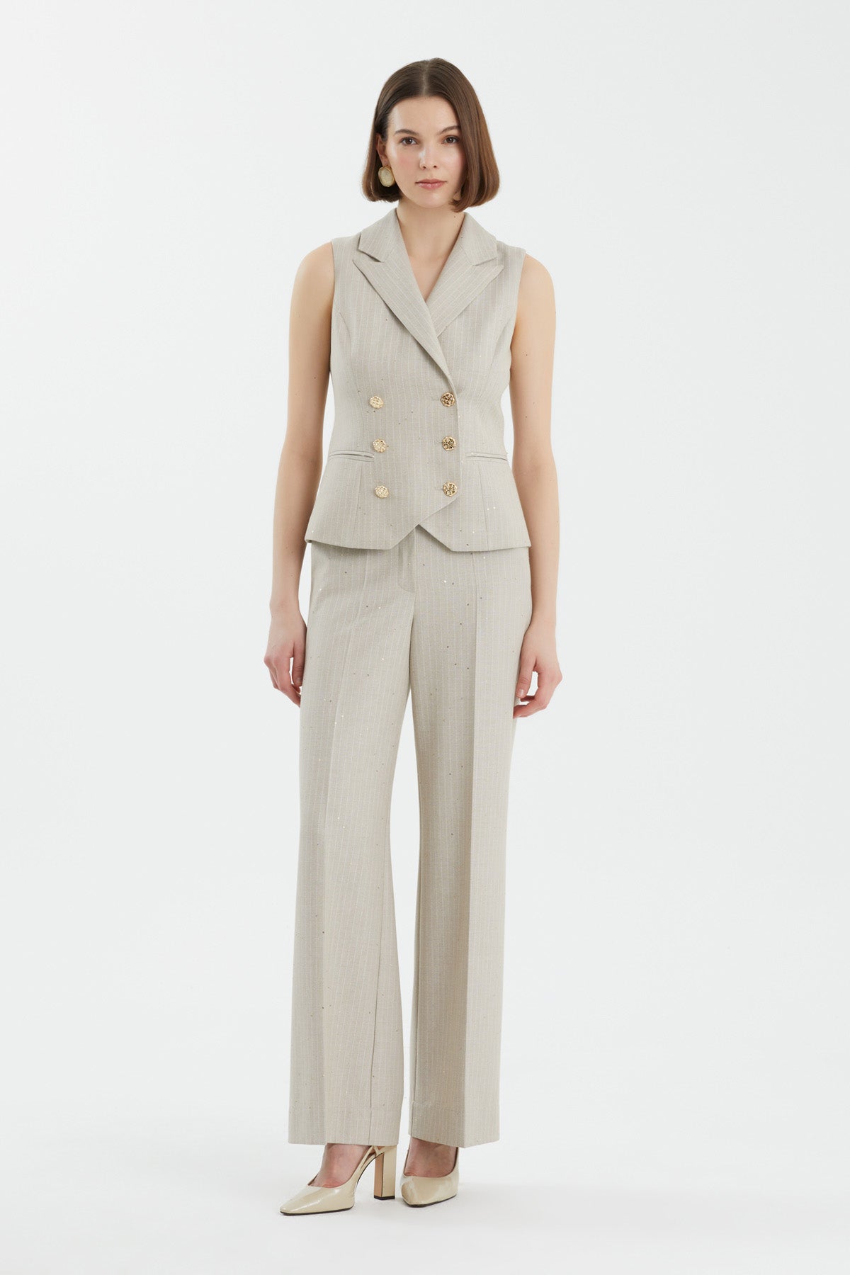 Beige Double-Breasted Sequin Vest Set
