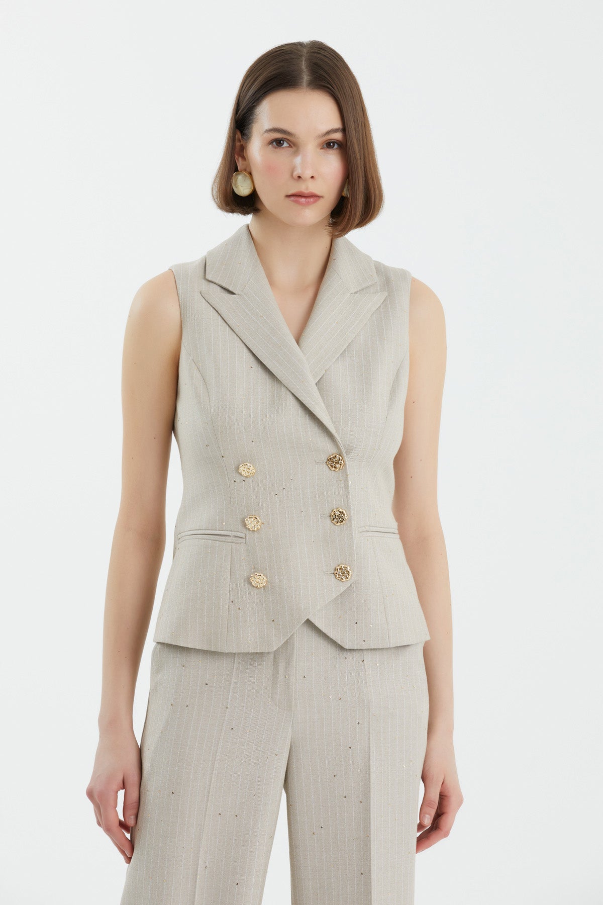 Beige Double-Breasted Sequin Vest Set