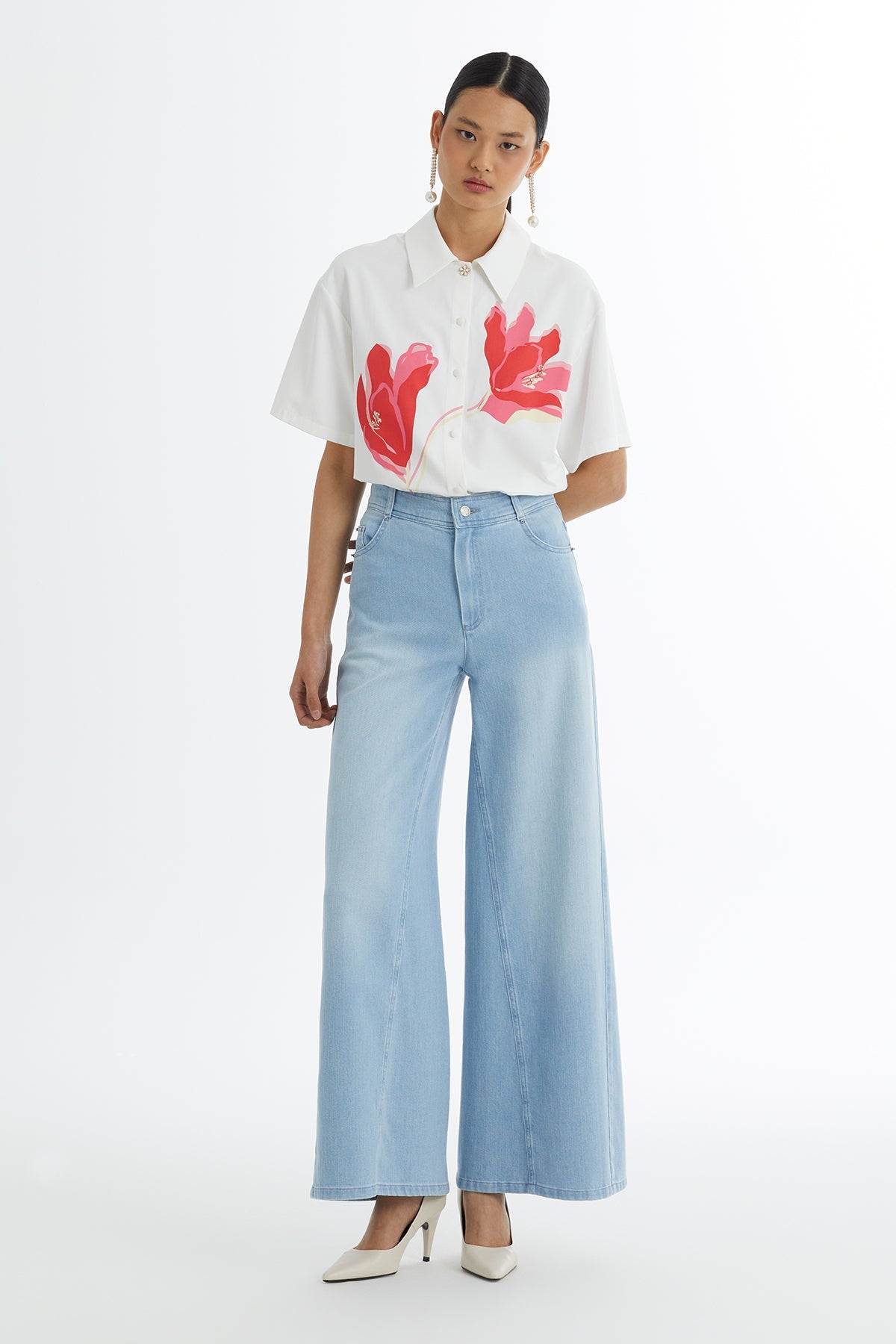 Blue Embroidered Wide-Leg Denim