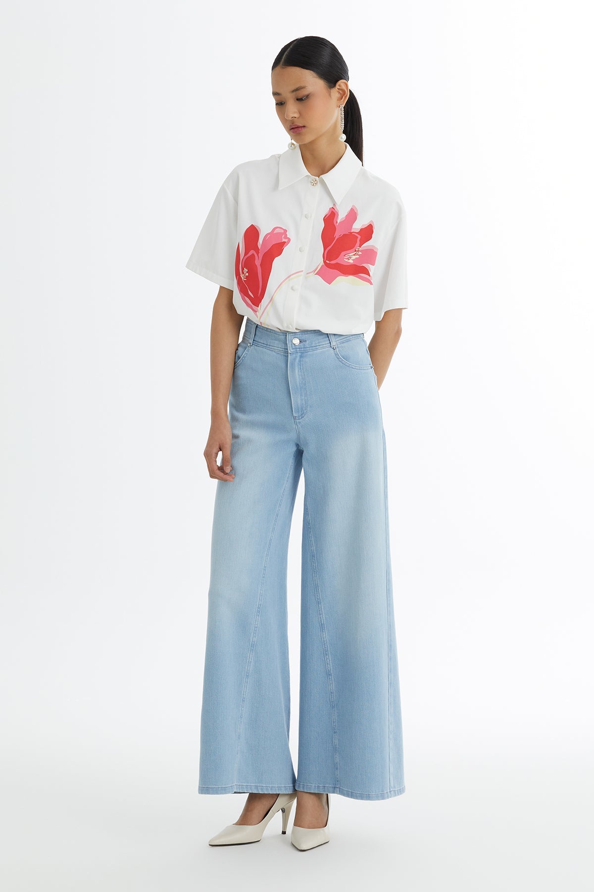 Blue Embroidered Wide-Leg Denim