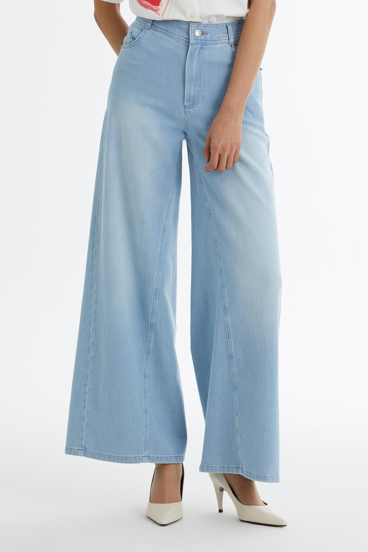 Blue Embroidered Wide-Leg Denim