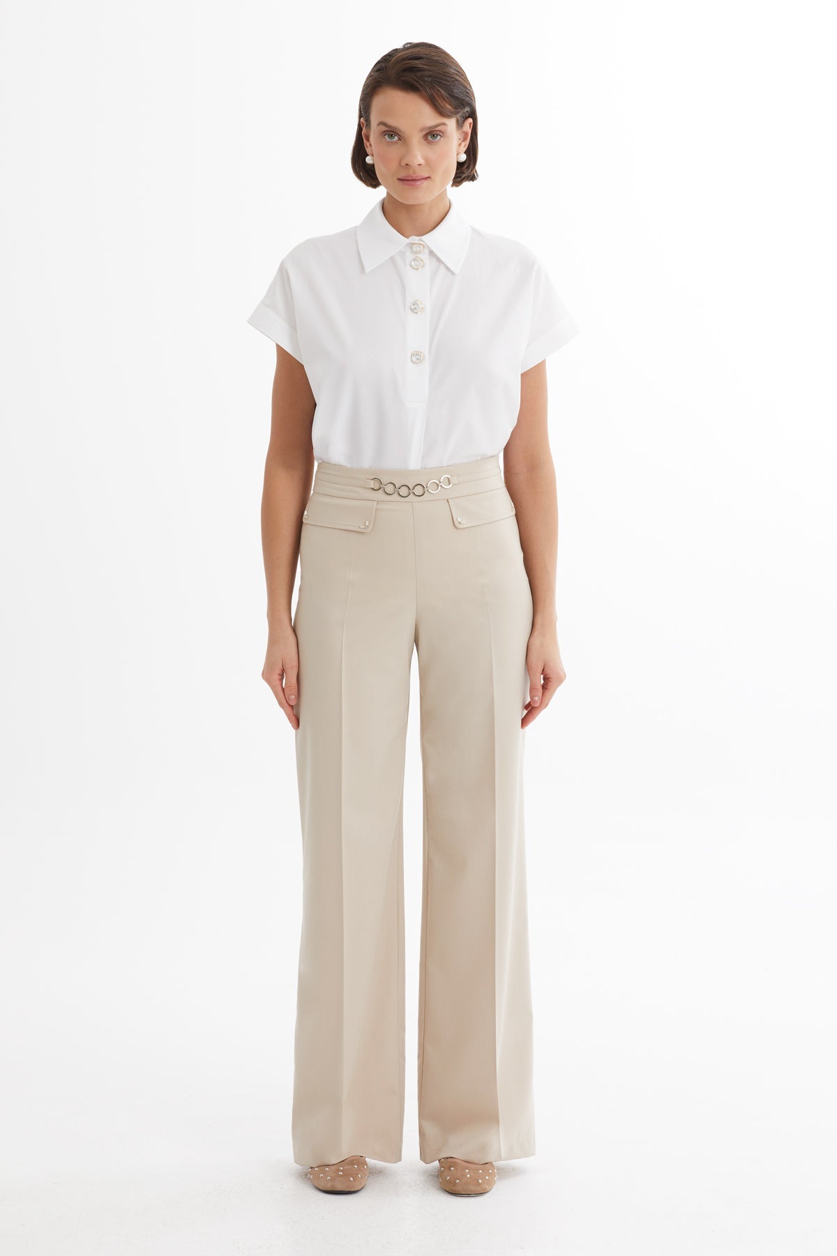 Beige Chain Detail Straight-Leg Pants