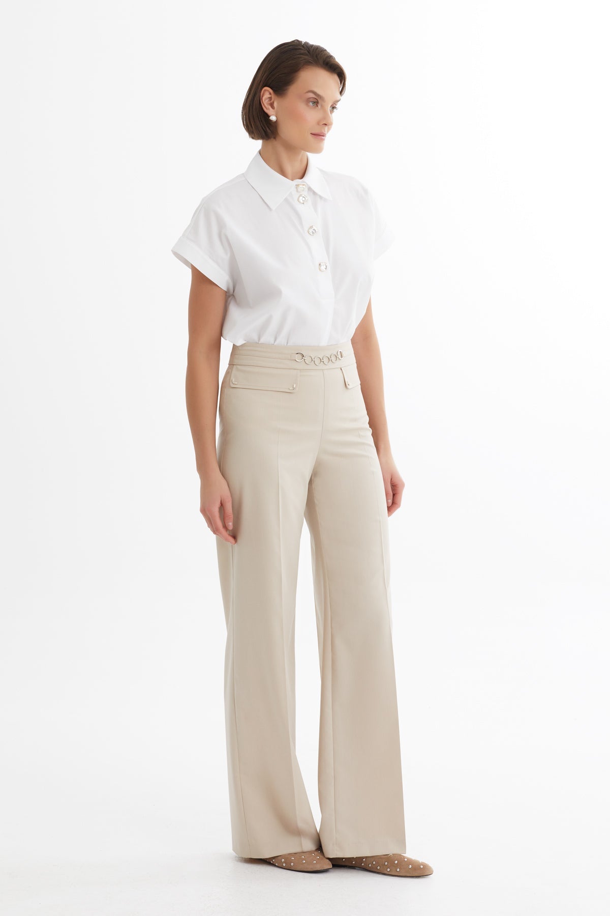 Beige Chain Detail Straight-Leg Pants
