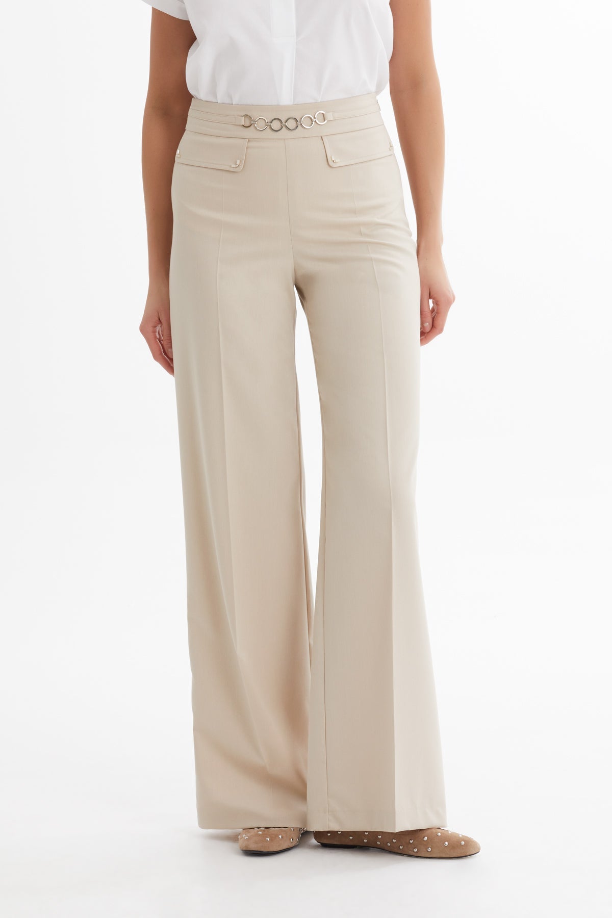 Beige Chain Detail Straight-Leg Pants