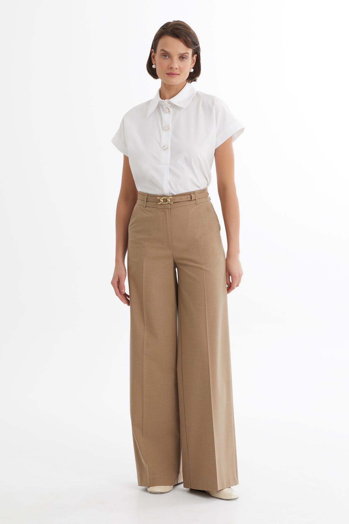 Beige Belt-Detail Straight-Leg Trousers