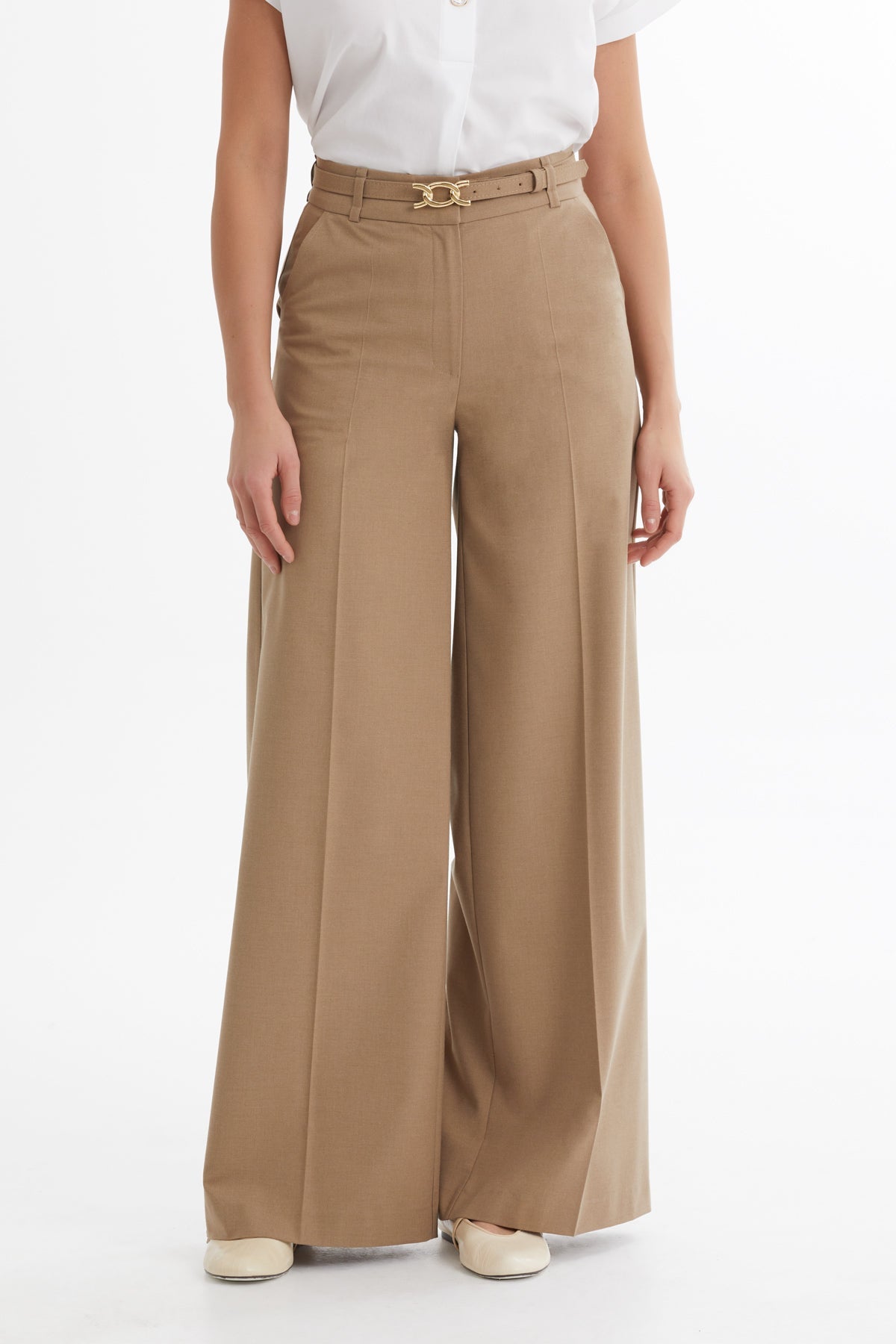 Beige Belt-Detail Straight-Leg Trousers