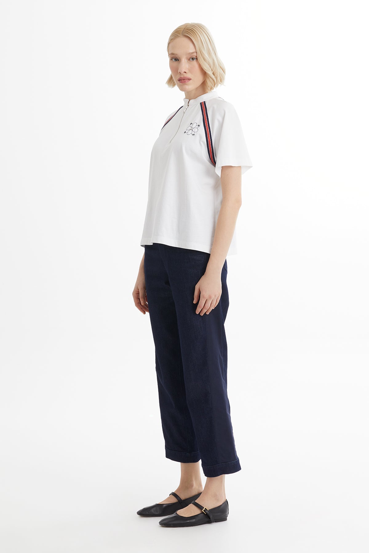 White Knit-Trim Embroidered Zip T-Shirt