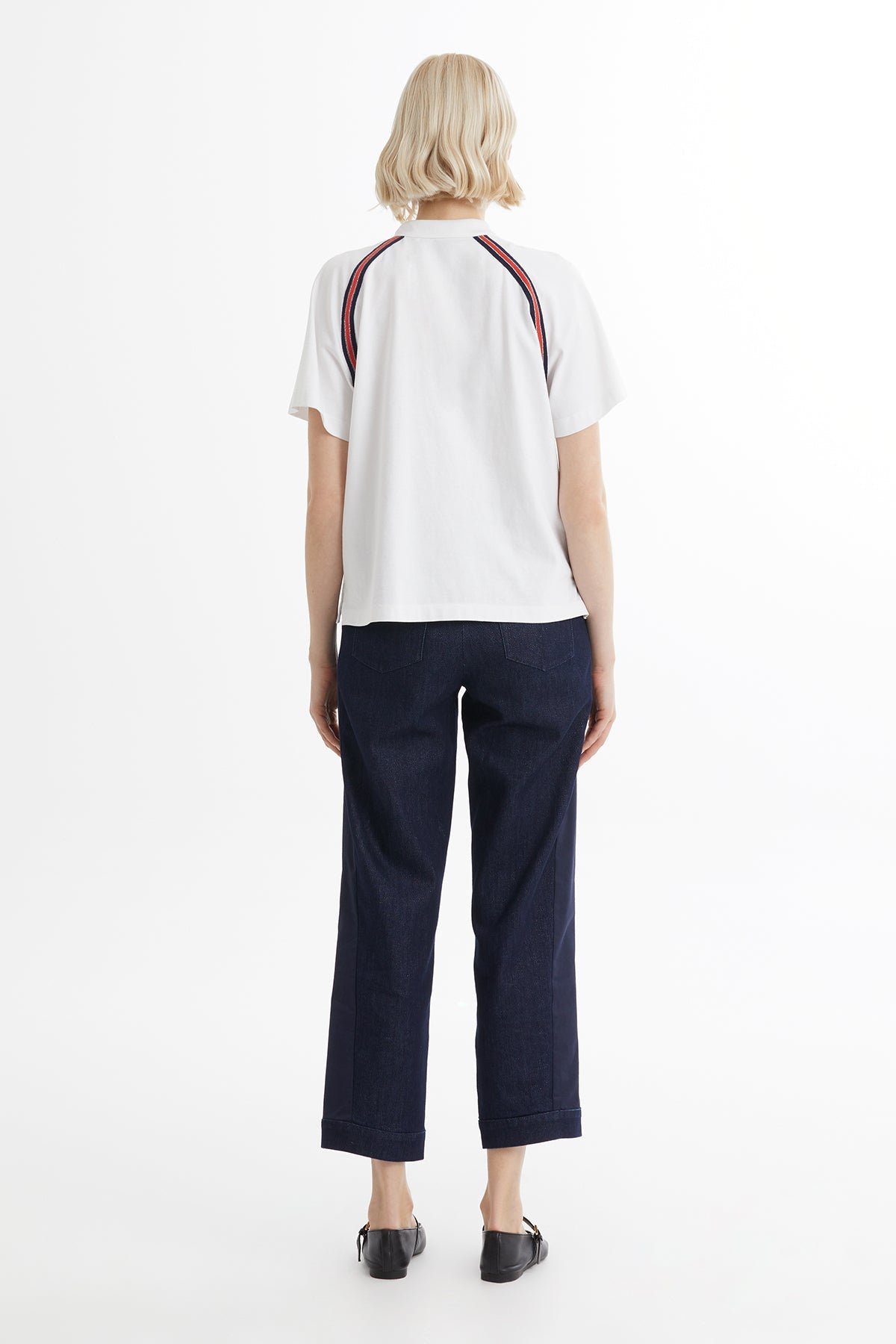 White Knit-Trim Embroidered Zip T-Shirt