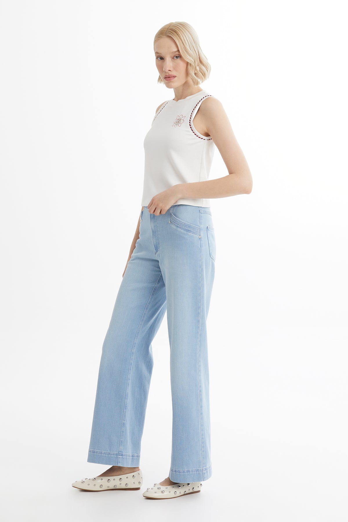 Ecru Blouse with Embroidery and Metal Accessory Details