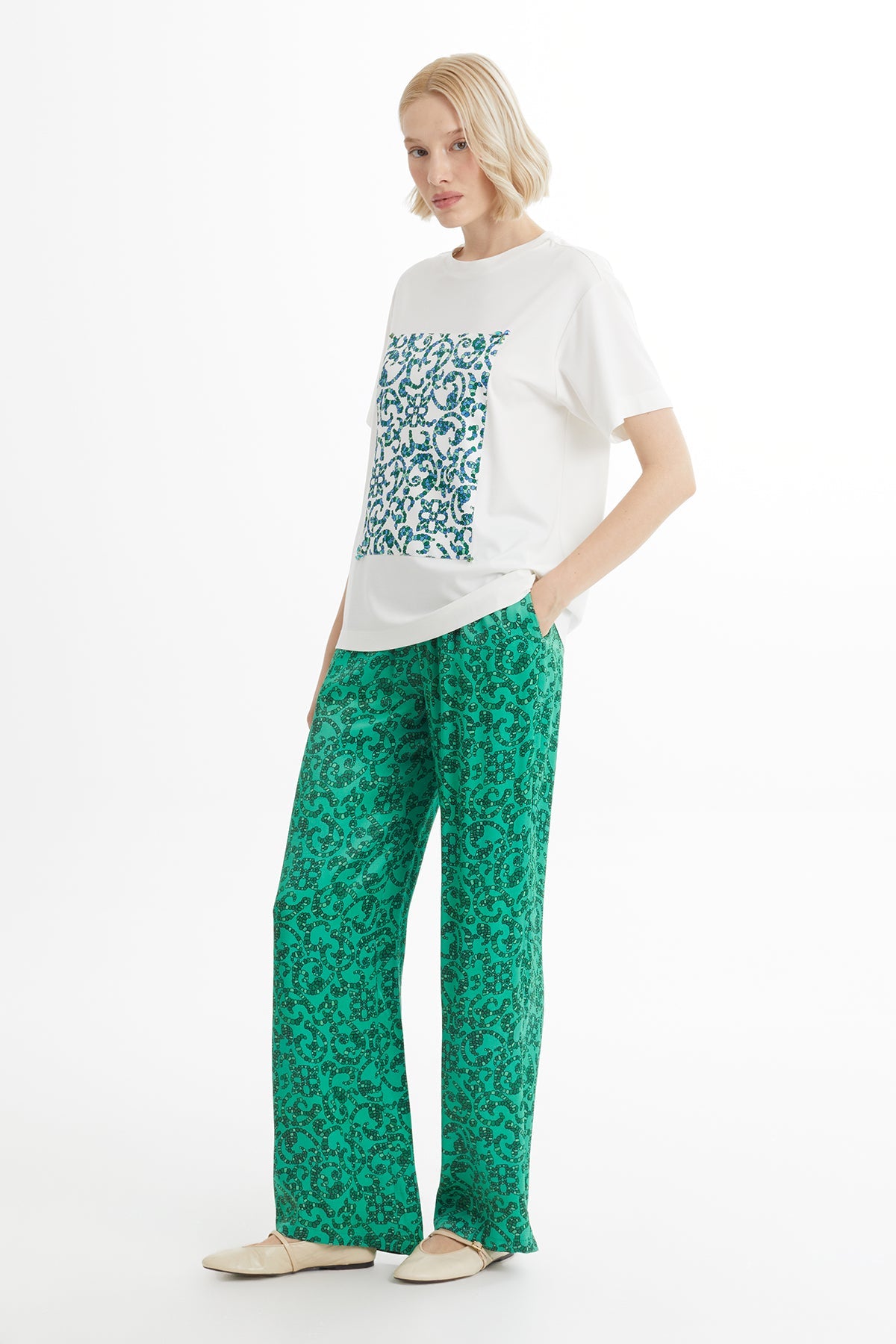 Ecru Printed Embroidered Detail T-Shirt